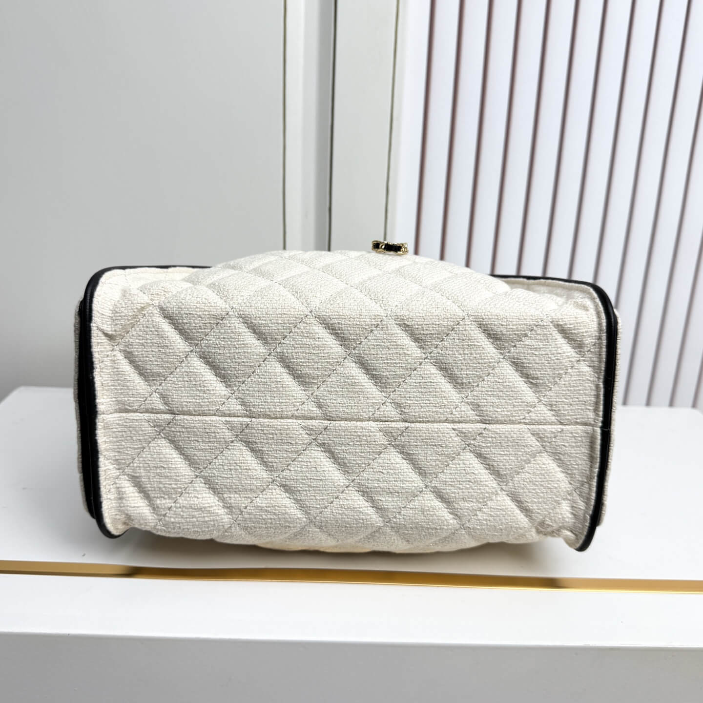 Chanel Quilted Canvas Hobo Bag with Black Trim and Gold-Tone Chain Hardware. - Image 7