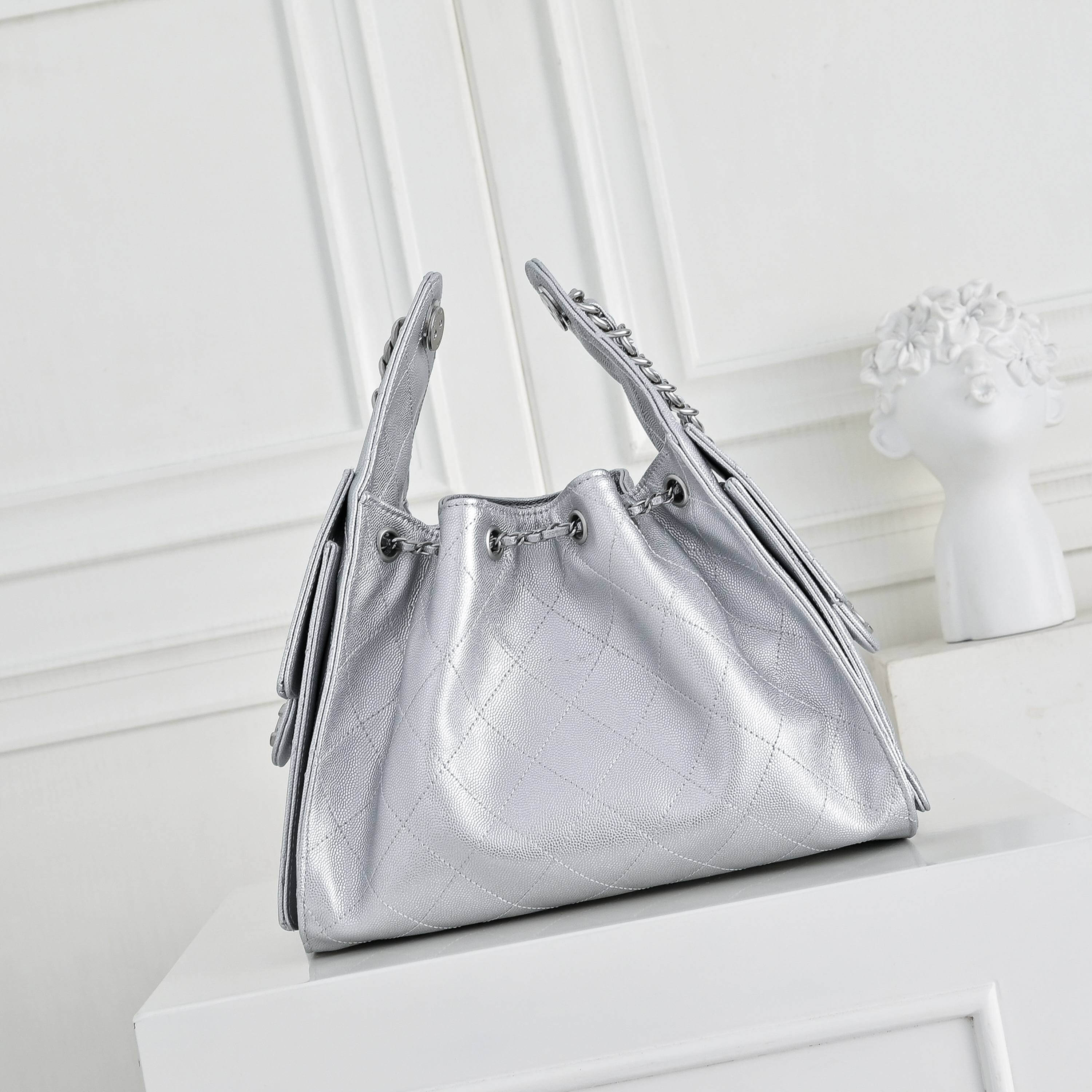 Chanel Quilted Metallic Silver Leather Hobo Bag with Silver-Tone Chain Hardware. - Image 2