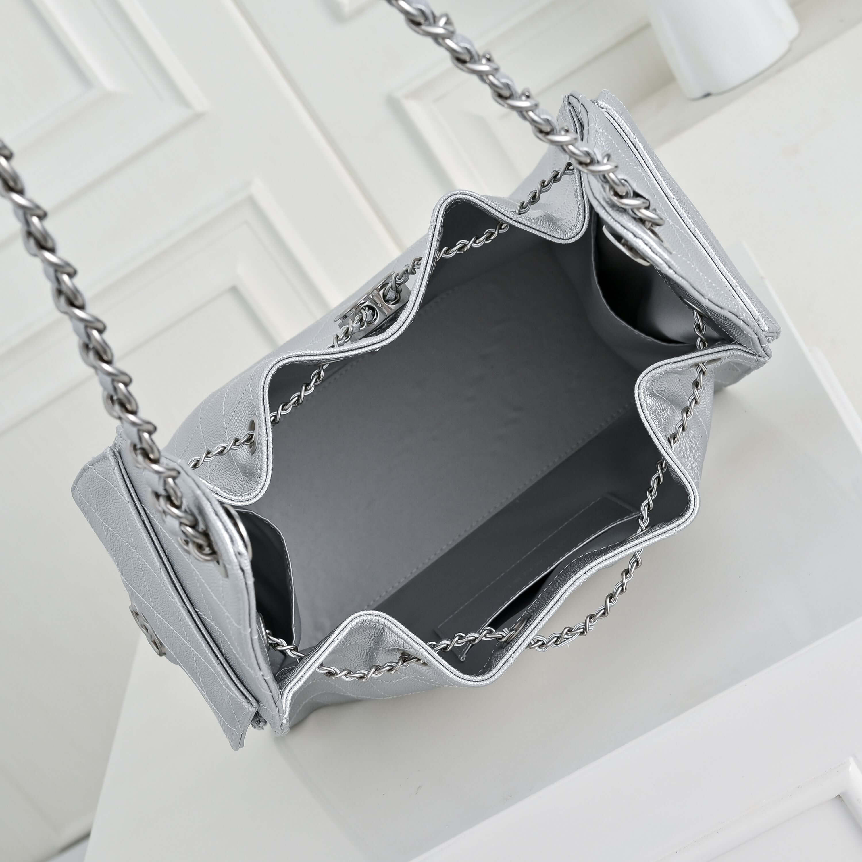 Chanel Quilted Metallic Silver Leather Hobo Bag with Silver-Tone Chain Hardware. - Image 7