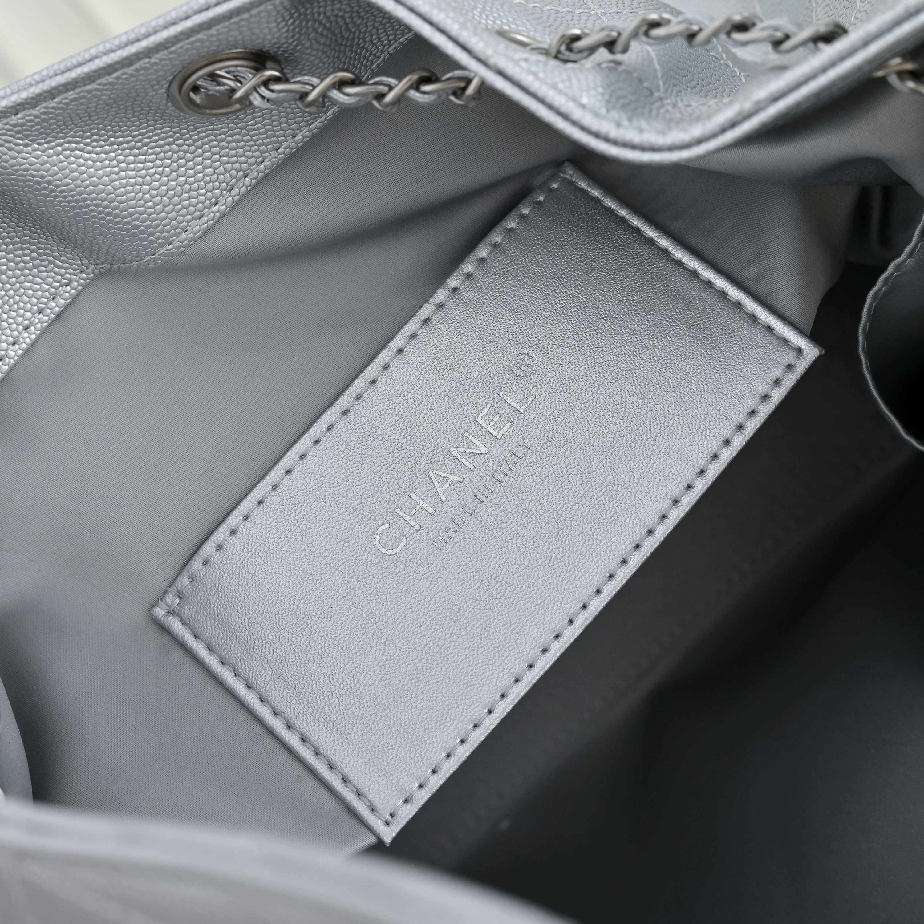 Chanel Quilted Metallic Silver Leather Hobo Bag with Silver-Tone Chain Hardware. - Image 8