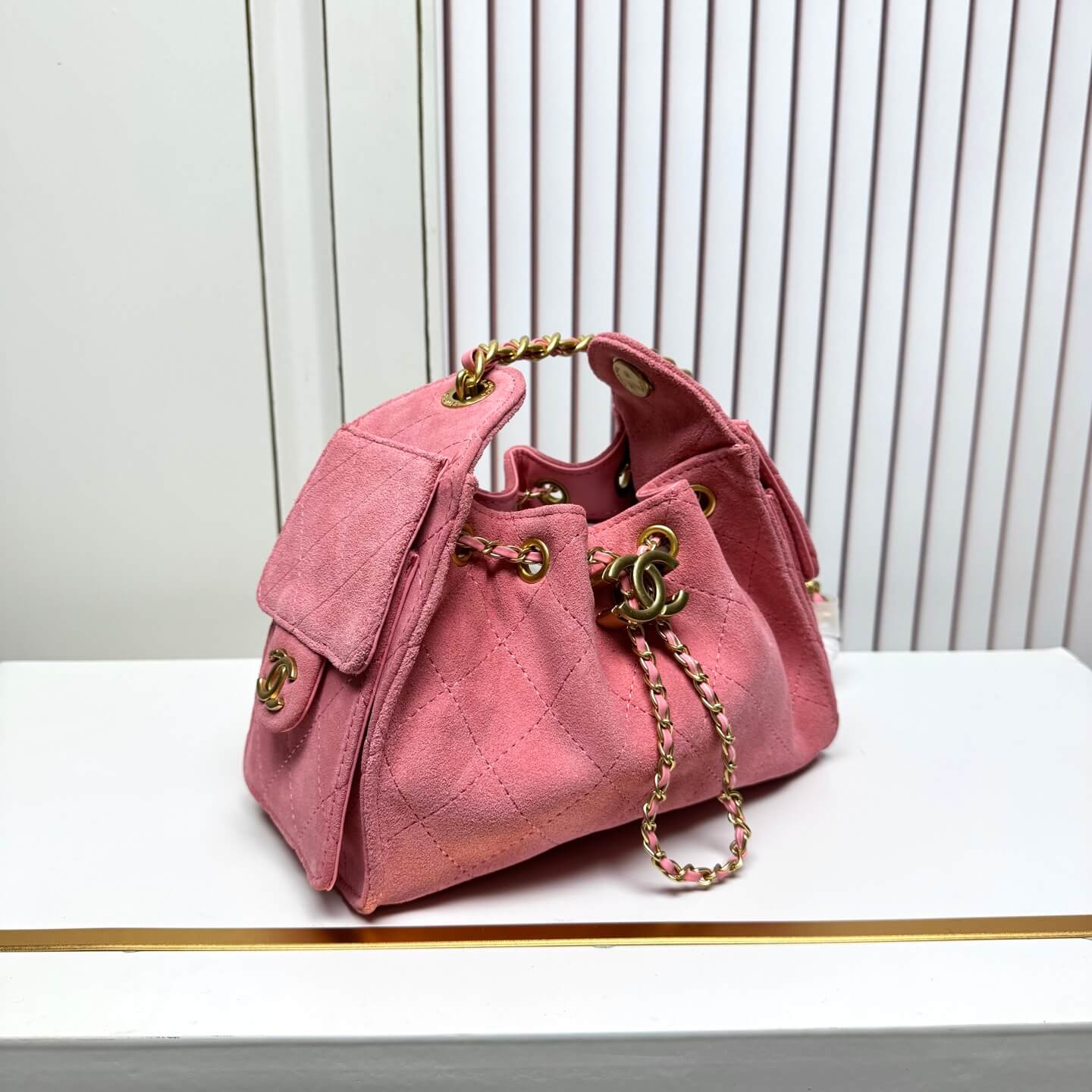 Chanel Quilted Pink Suede Hobo Bag with Gold-Tone Chain Hardware. - Image 3