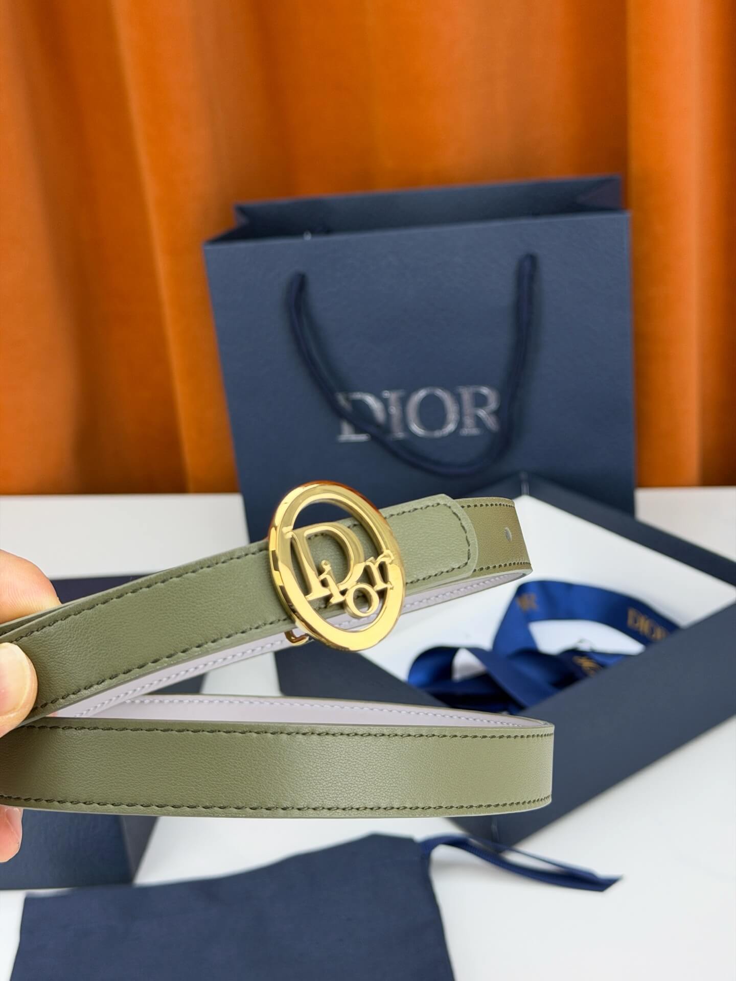 Dior Reversible Dior Oblique Belt – Khaki Olive Green & Grey Smooth Calfskin