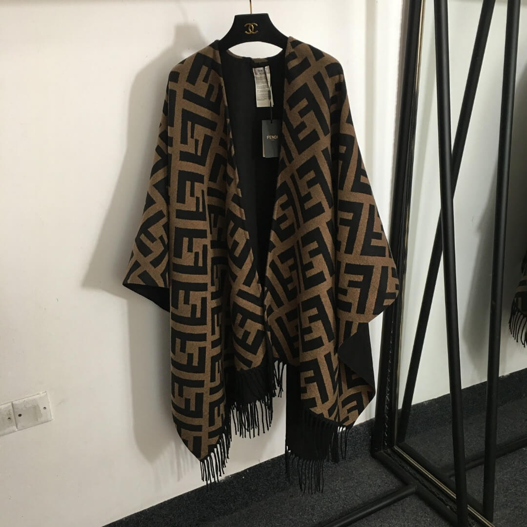 Fendi FF Monogram Reversible Wool Cashmere Poncho Cape with Fringe