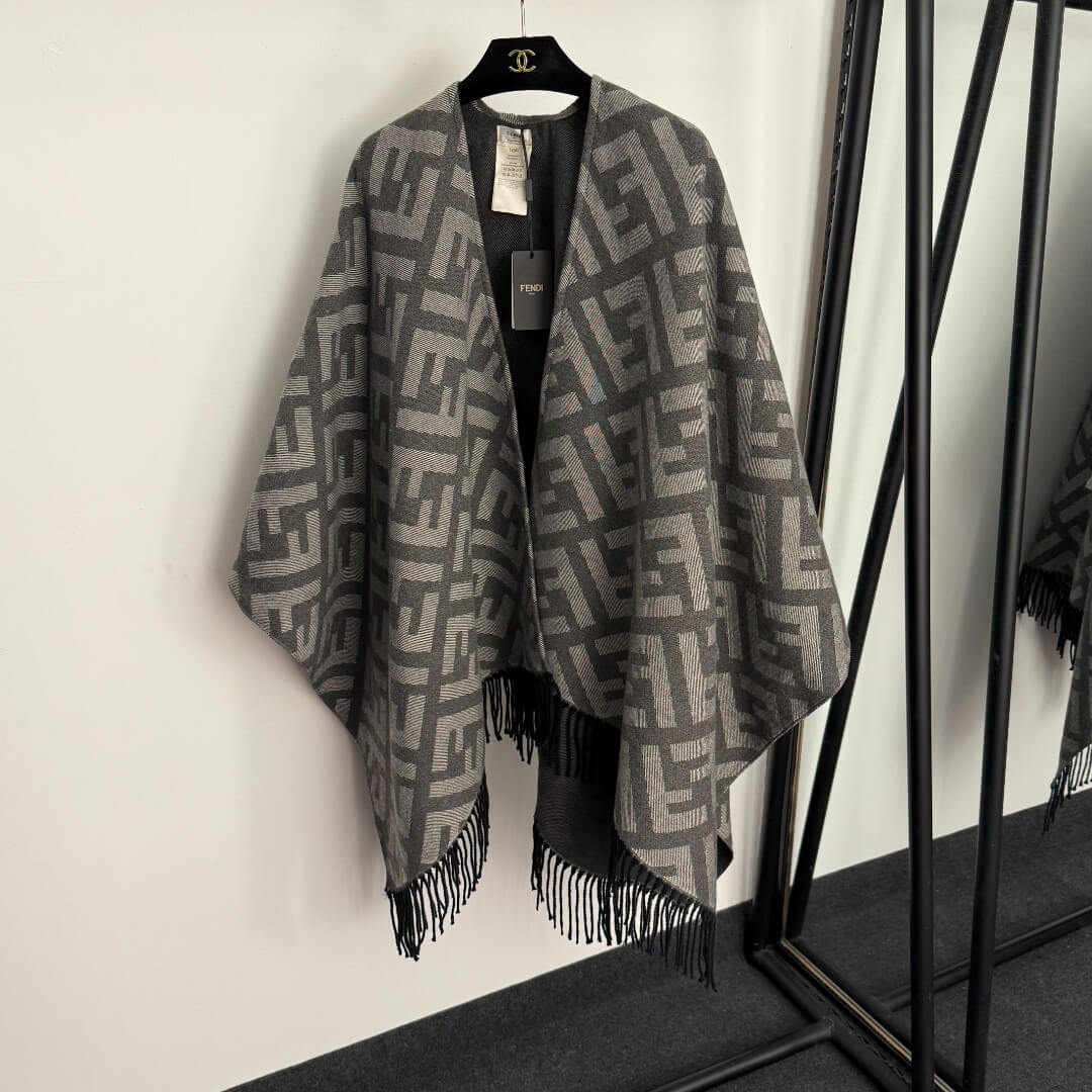 Fendi FF Monogram Reversible Wool Cashmere Poncho Cape with Fringe - Image 2