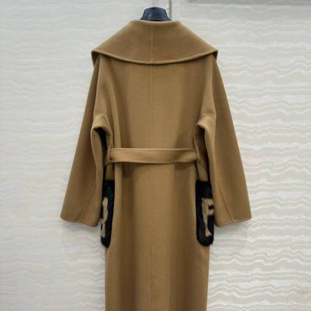 Fendi FF Monogram Fur Pocket Belted Wool Cashmere Coat – Camel - Image 2