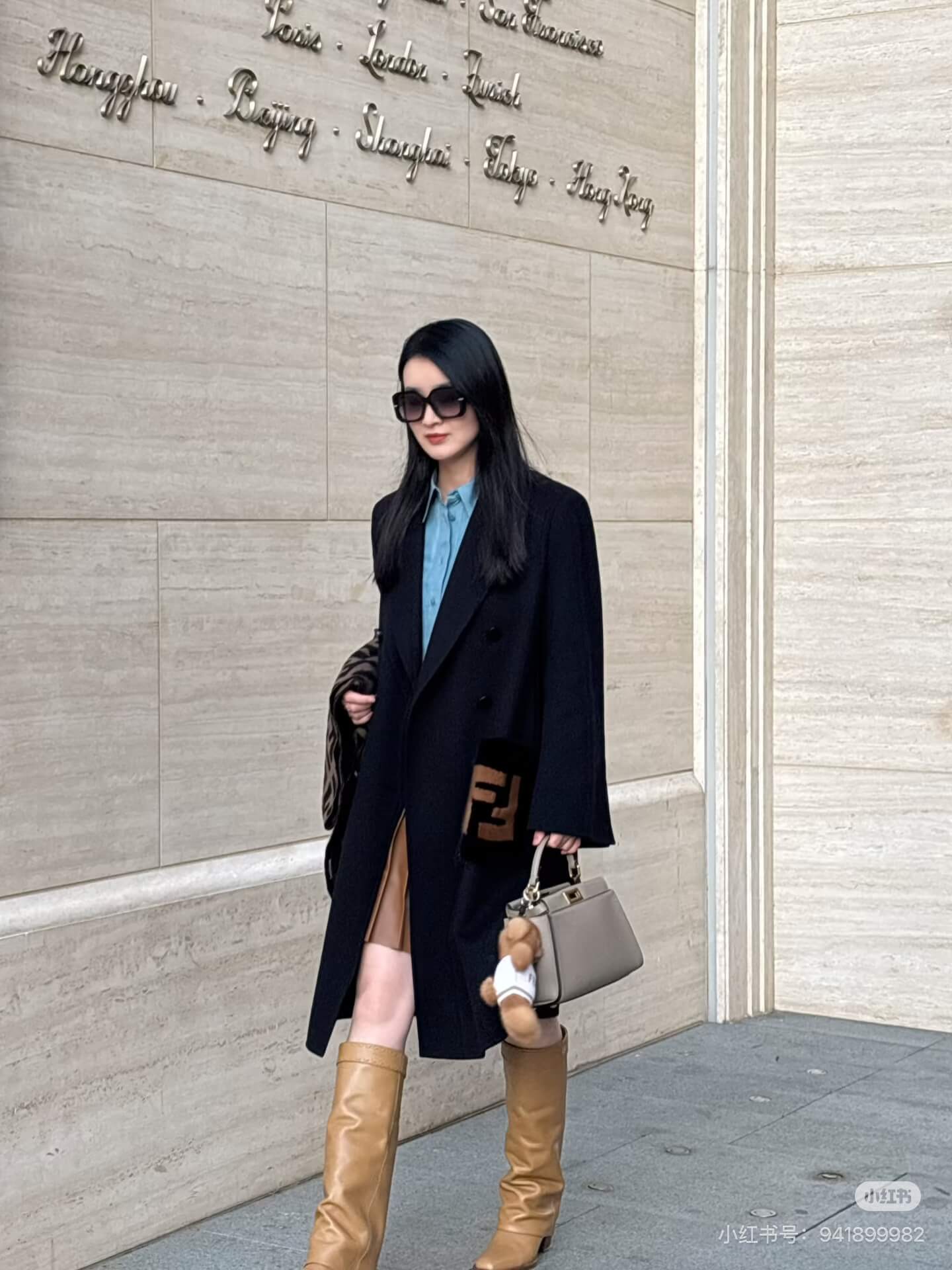 Fendi FF Monogram Fur Pocket Double-Breasted Wool Coat – Black