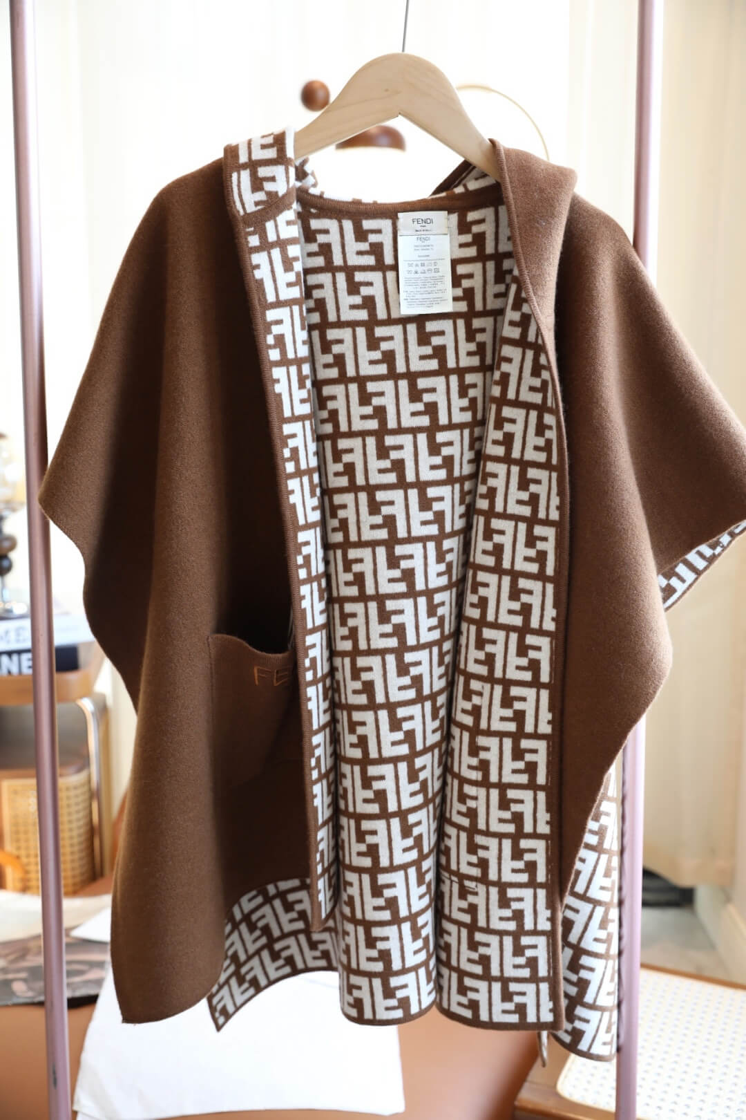 Fendi FF Reversible Monogram Hooded Knit Poncho Cape Brown/White