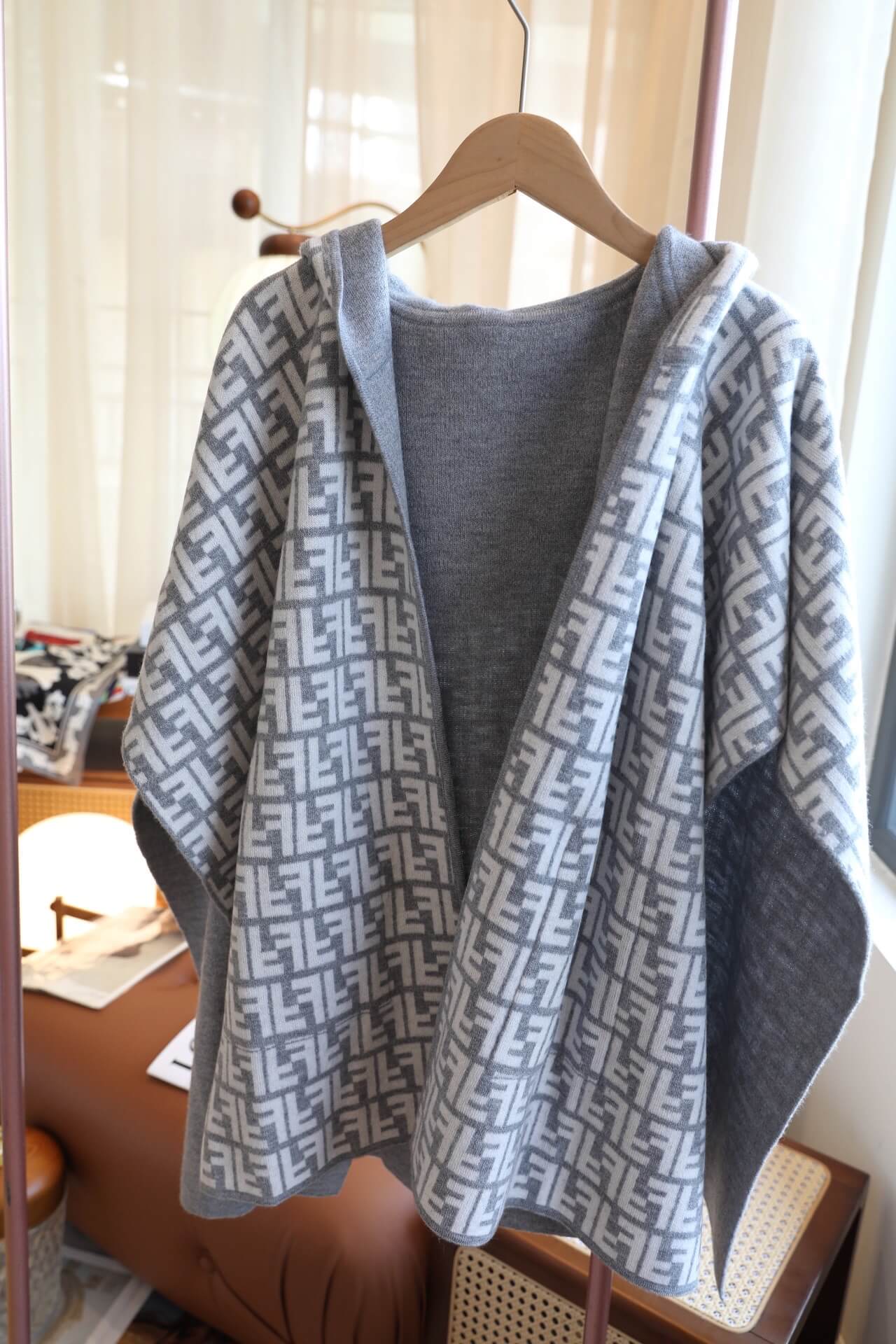 Fendi FF Reversible Monogram Hooded Knit Poncho Cape Grey White
