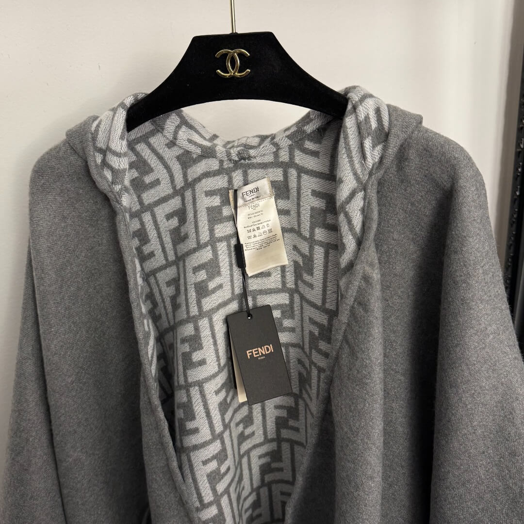 Fendi FF Monogram Reversible Cashmere Hooded Poncho Cape – Grey - Image 2