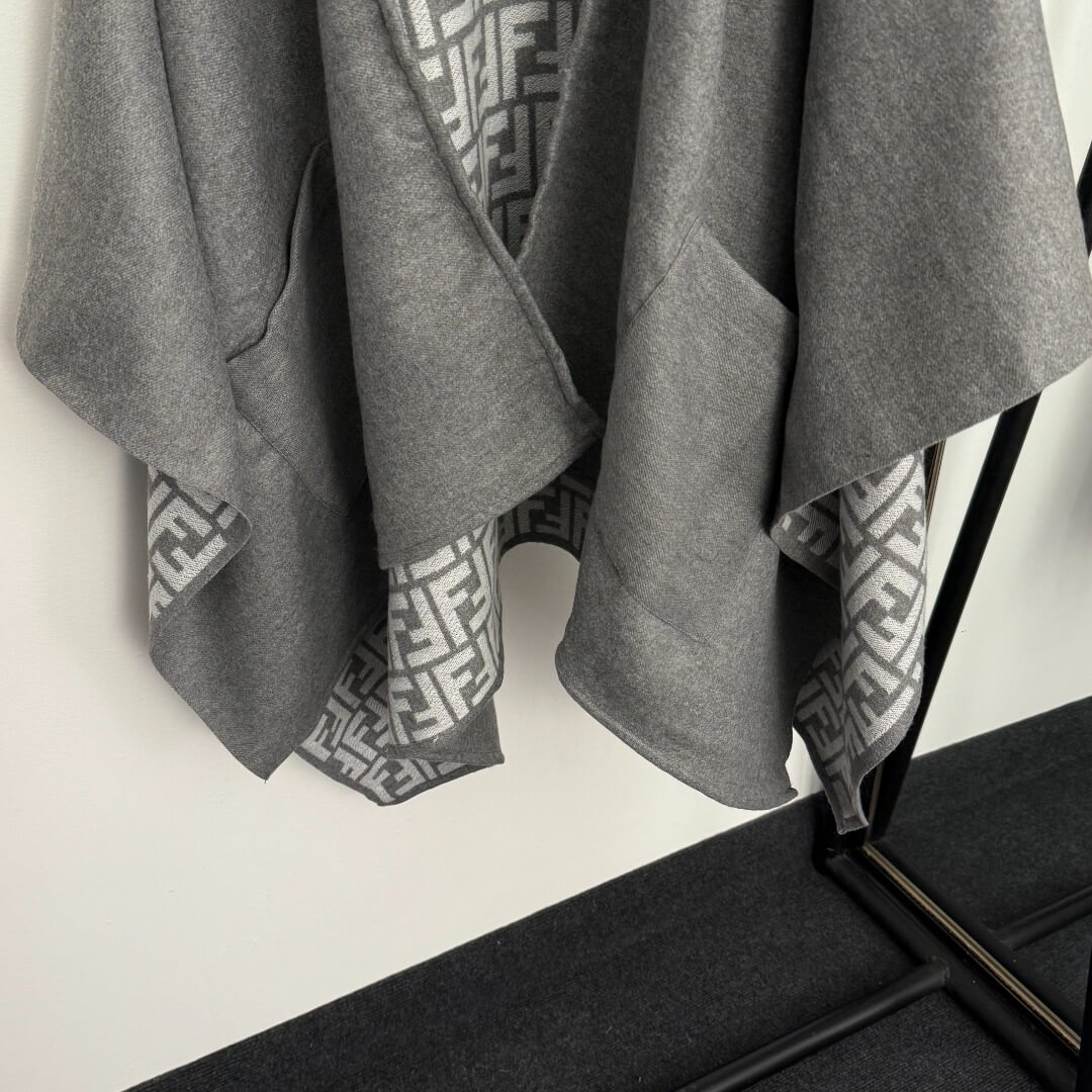 Fendi FF Monogram Reversible Cashmere Hooded Poncho Cape – Grey - Image 3