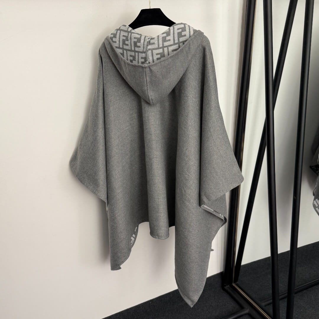 Fendi FF Monogram Reversible Cashmere Hooded Poncho Cape – Grey - Image 5