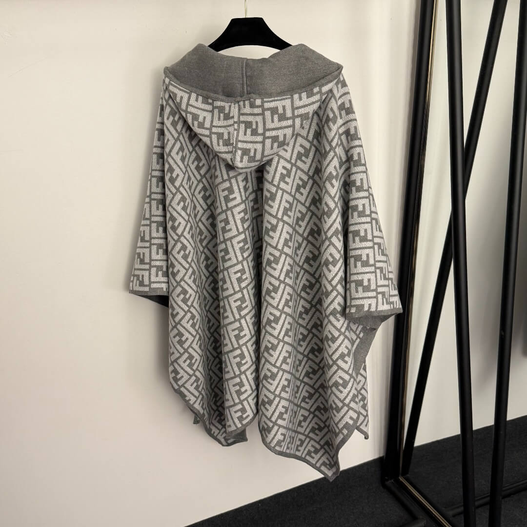 Fendi FF Monogram Reversible Cashmere Hooded Poncho Cape – Grey - Image 8