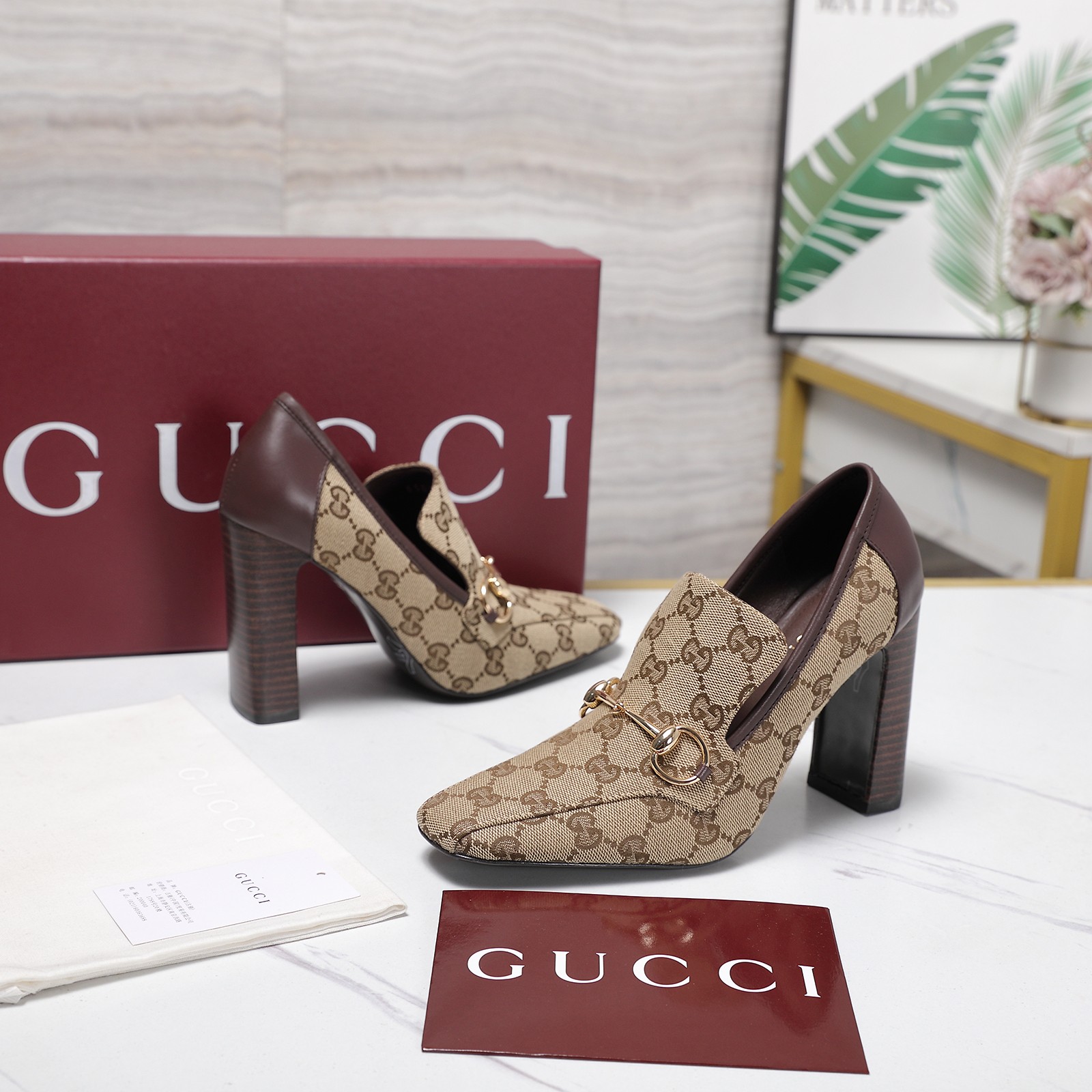 Gucci Beige GG Canvas Horsebit Block-Heel Pumps