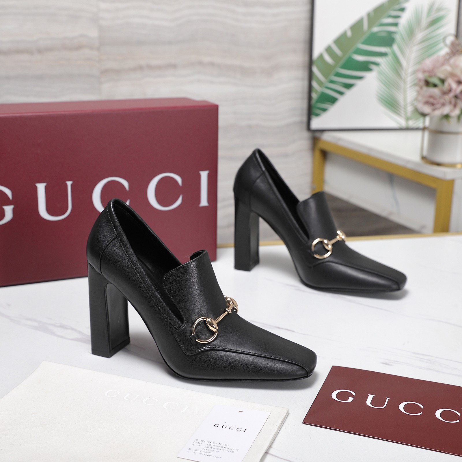 Gucci Black Horsebit Leather Block-Heel Loafer Pumps