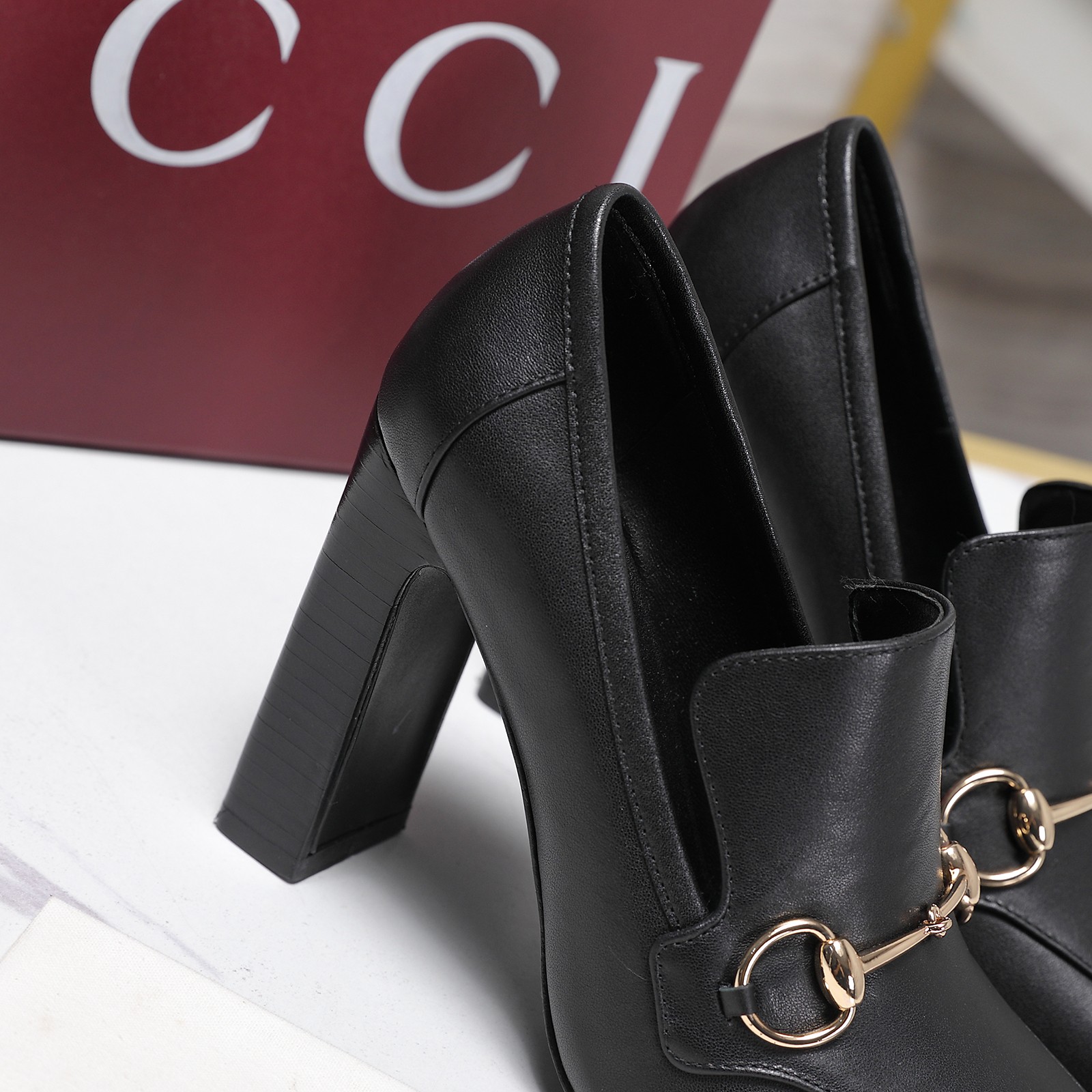 Gucci Black Horsebit Leather Block-Heel Loafer Pumps - Image 8