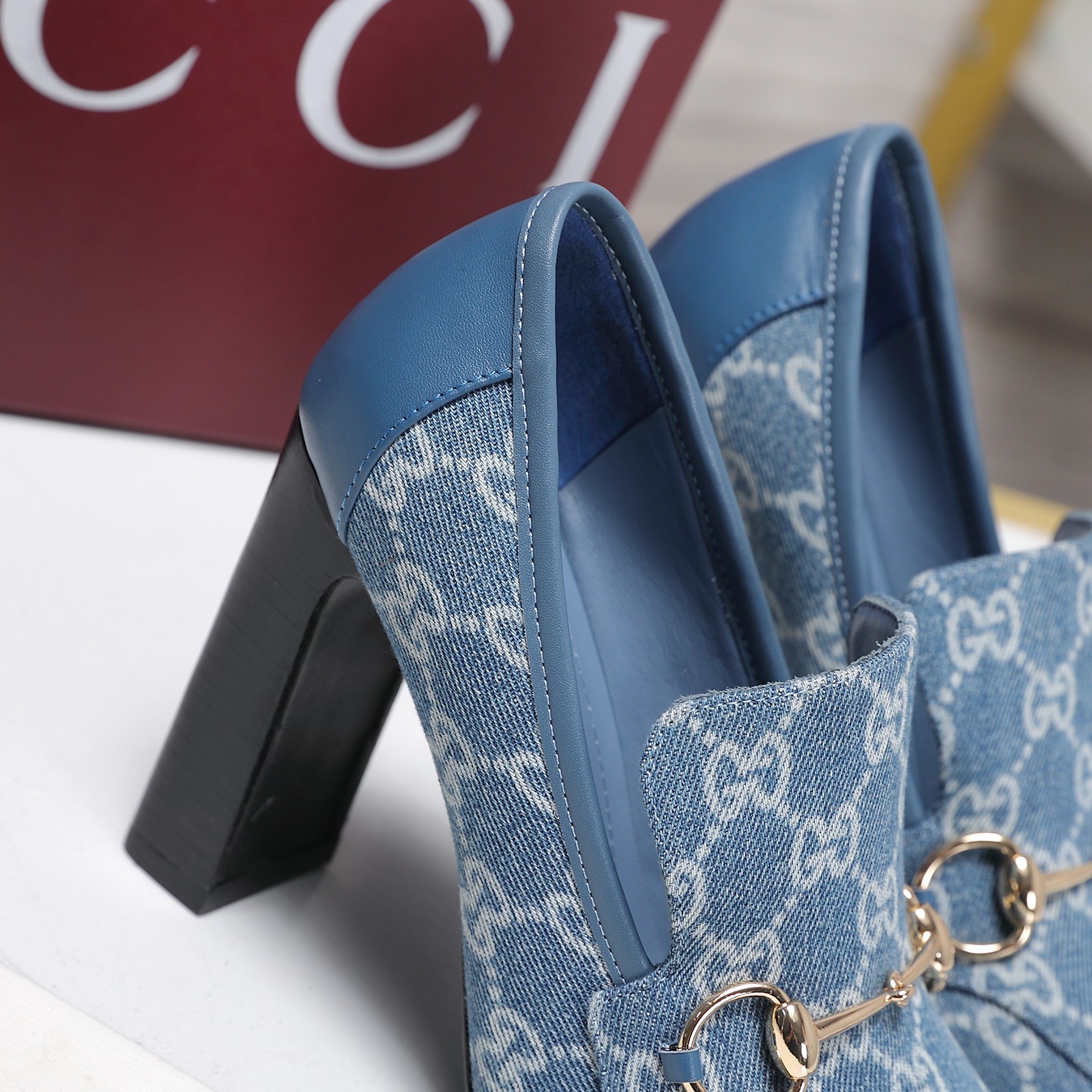 Gucci Blue GG Denim Horsebit Block-Heel Pumps - Image 2