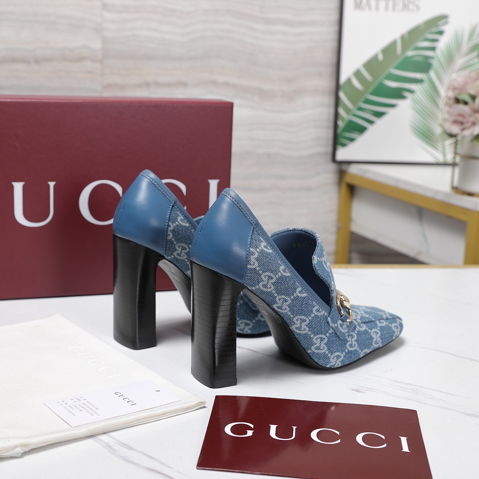 Gucci Blue GG Denim Horsebit Block-Heel Pumps - Image 3