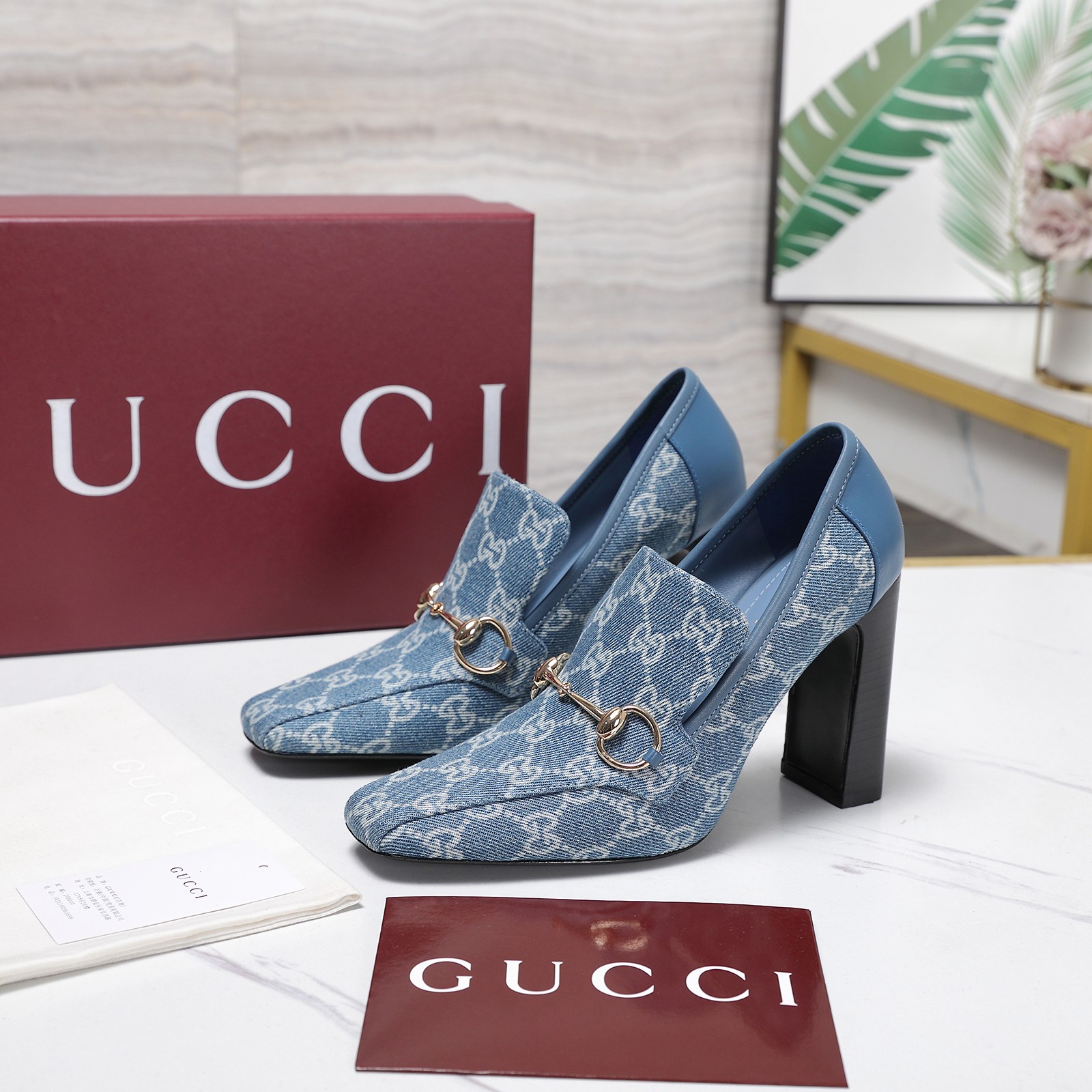 Gucci Blue GG Denim Horsebit Block-Heel Pumps - Image 4