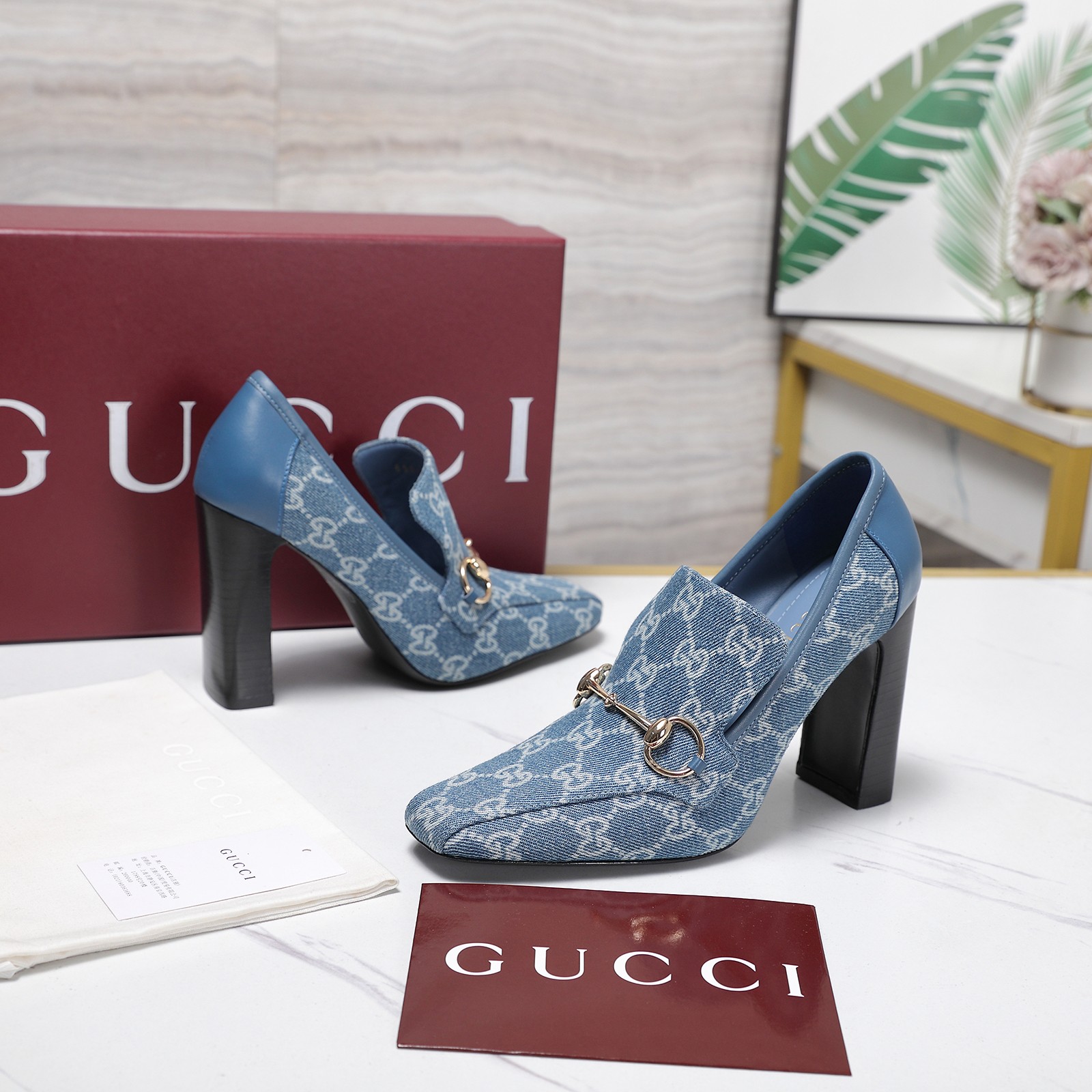 Gucci Blue GG Denim Horsebit Block-Heel Pumps
