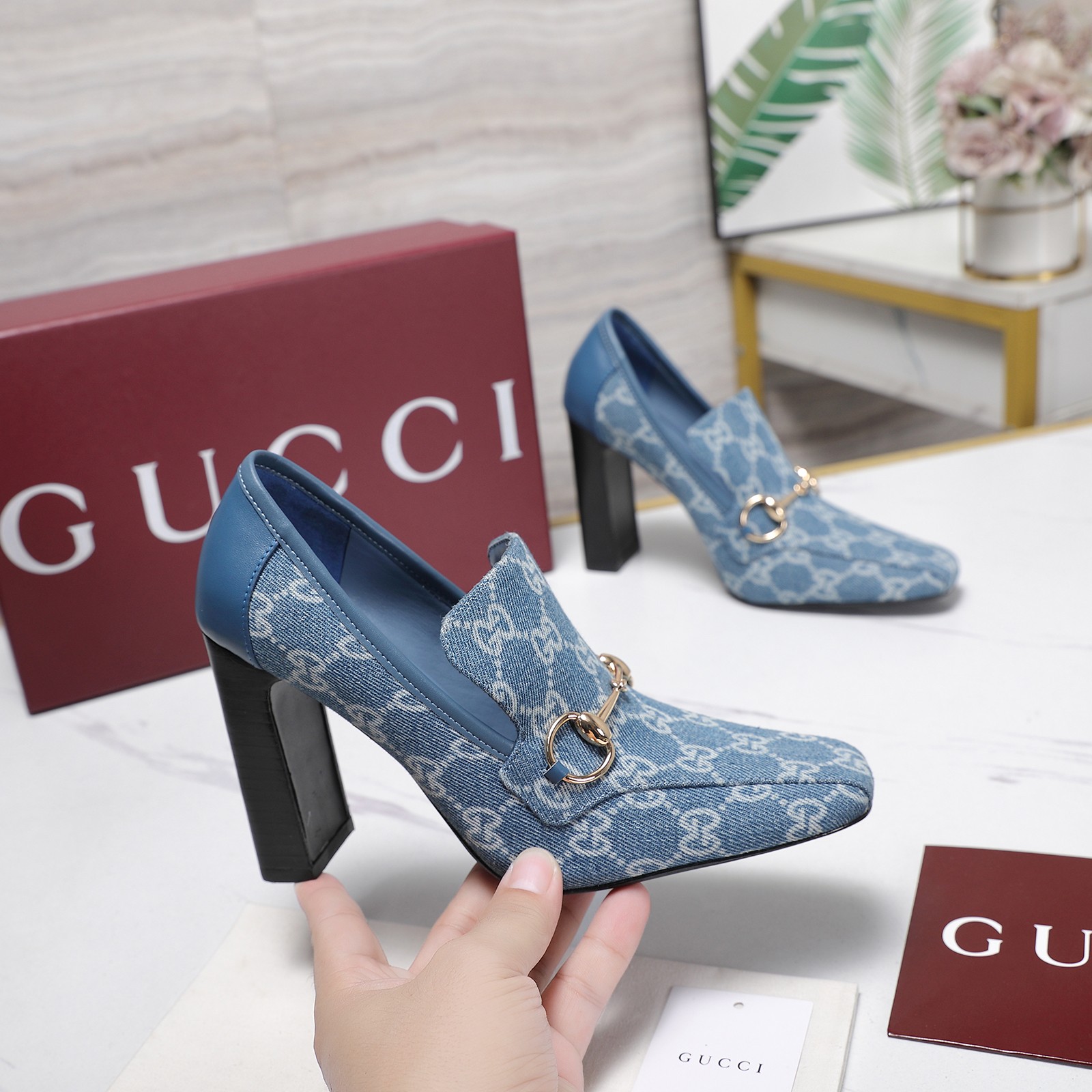 Gucci Blue GG Denim Horsebit Block-Heel Pumps - Image 7