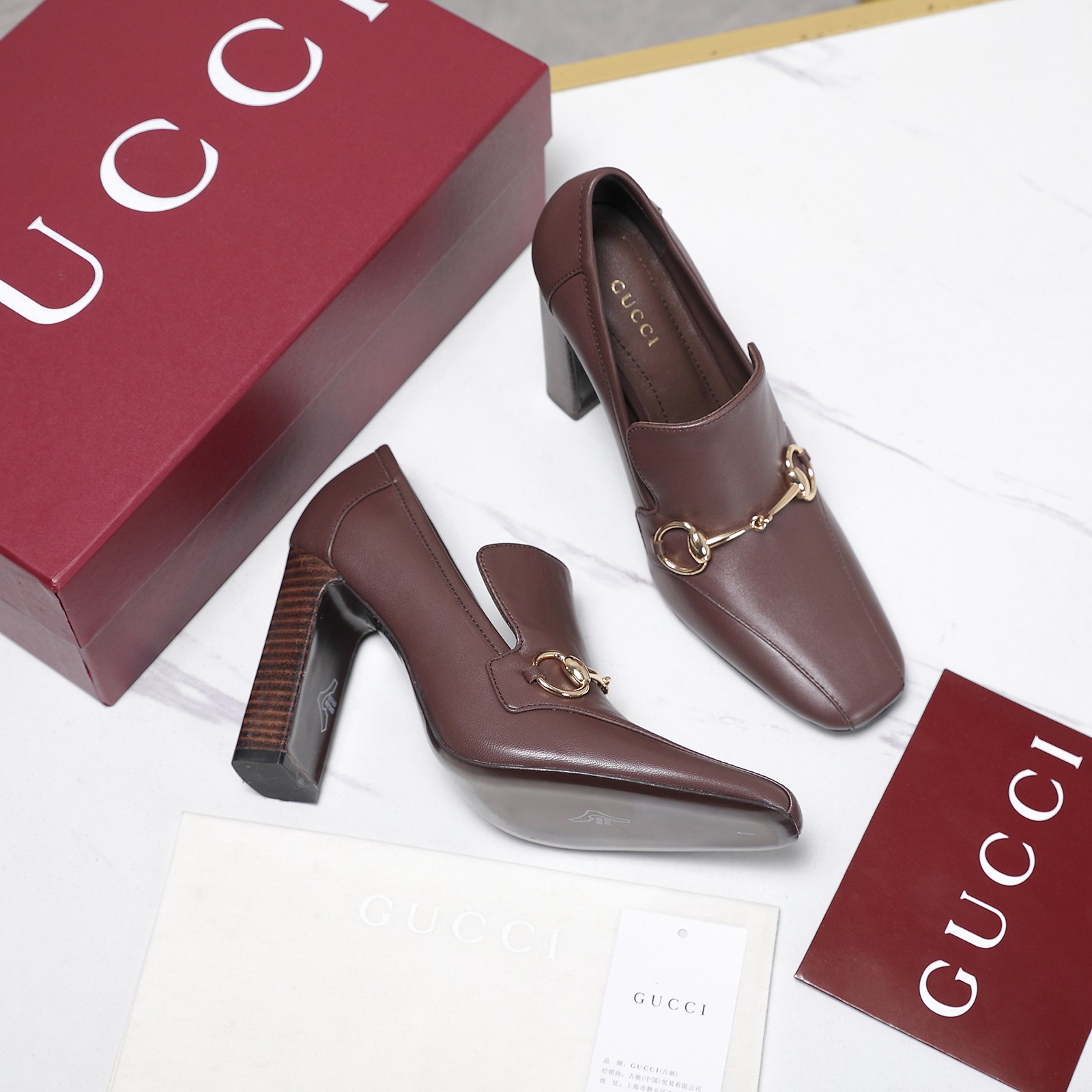 Gucci Brown Leather Horsebit Block-Heel Loafer Pumps