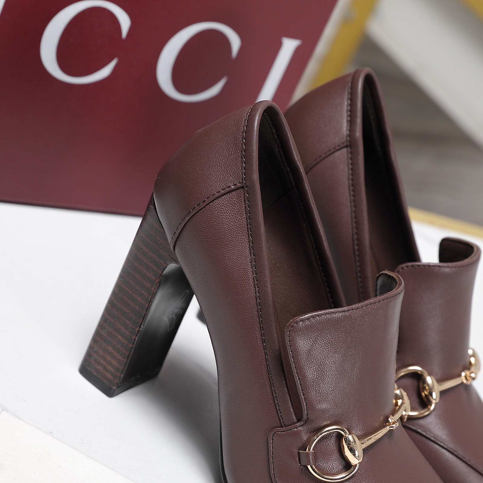 Gucci Brown Leather Horsebit Block-Heel Loafer Pumps - Image 8