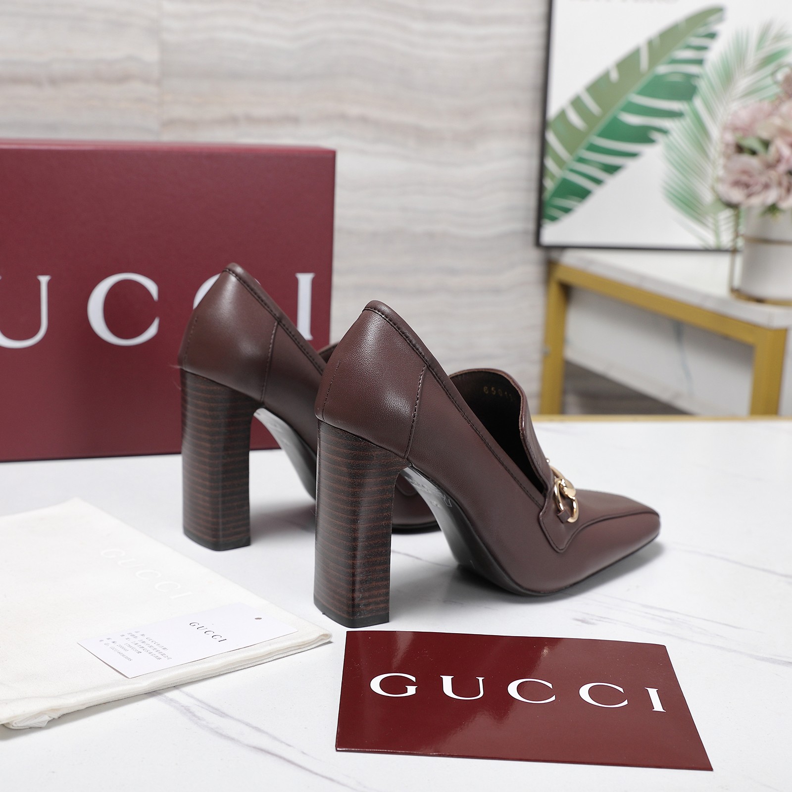 Gucci Brown Leather Horsebit Block-Heel Loafer Pumps - Image 9