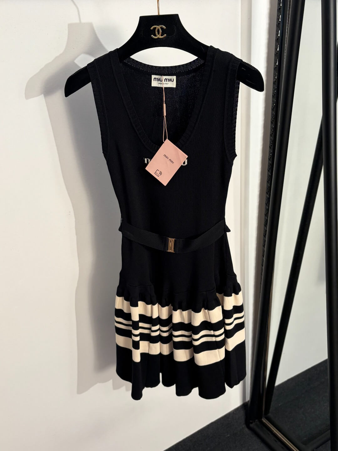 Miu Miu Belted Ribbed Knit Striped Hem Mini Dress.