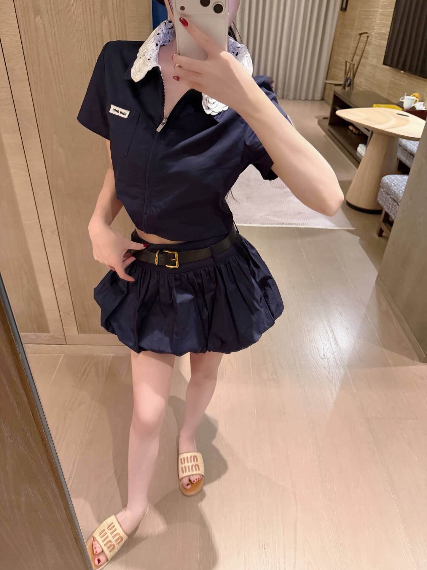 Miu Miu Crochet Lace Collar Short-Sleeve Top and Belted Mini Skirt Set