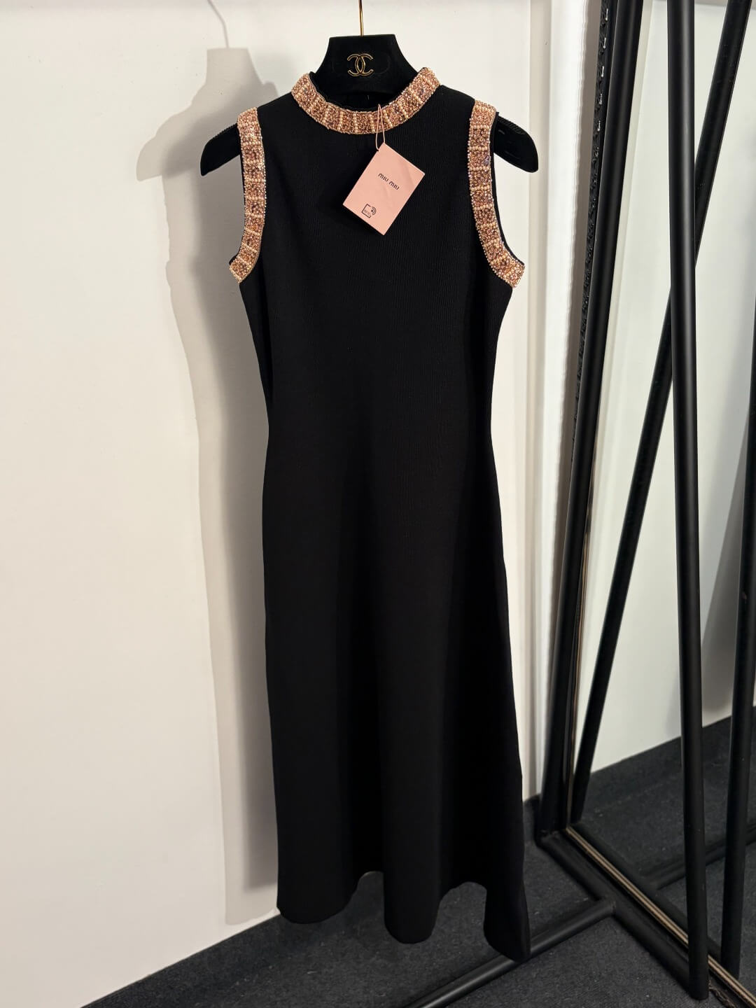 Miu Miu Crystal-Embellished Neckline Sleeveless Knit Midi Dress