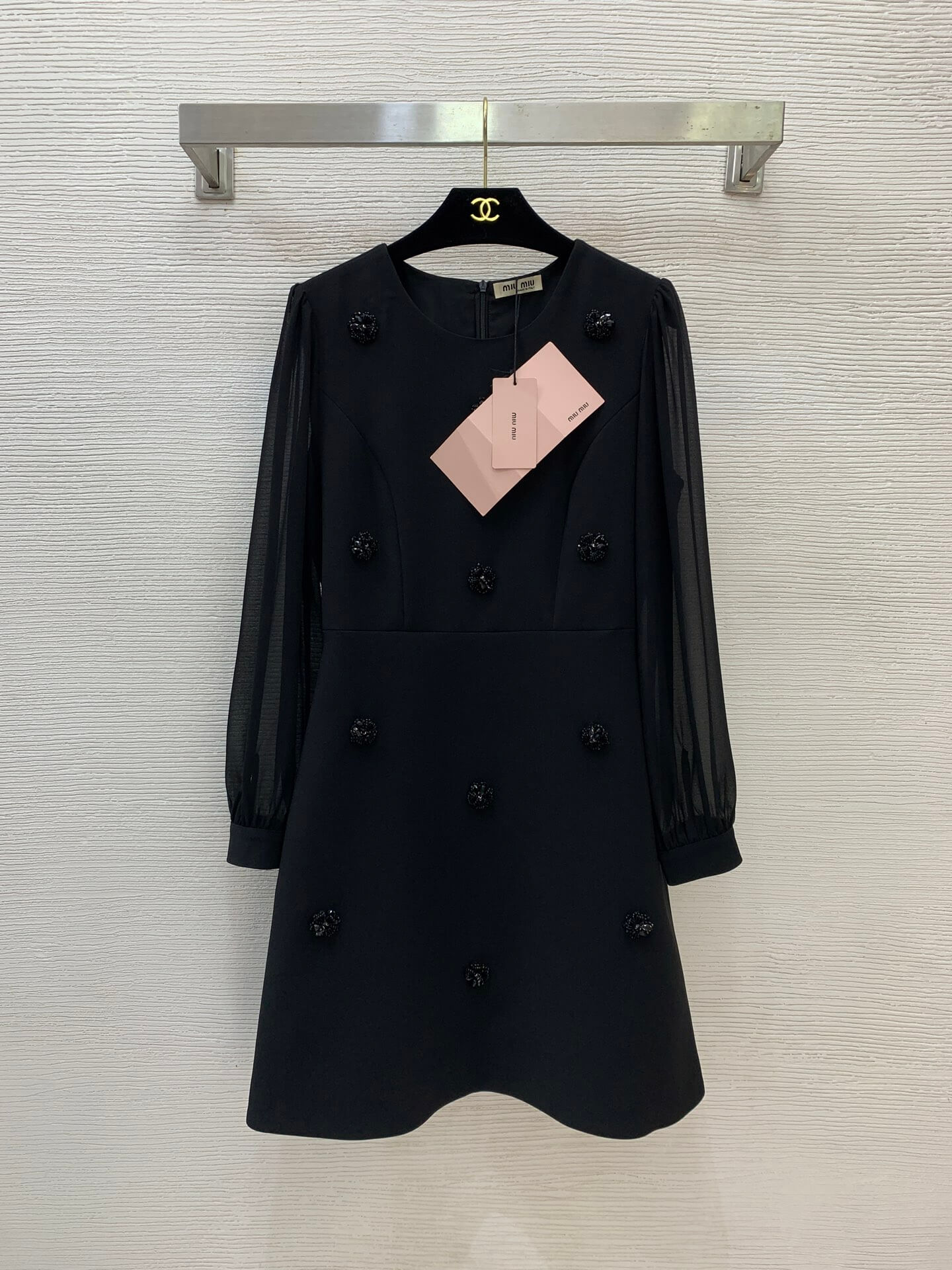 Miu Miu Crystal and Pearl Embellished Sheer Long-Sleeve Mini Dress - Image 2