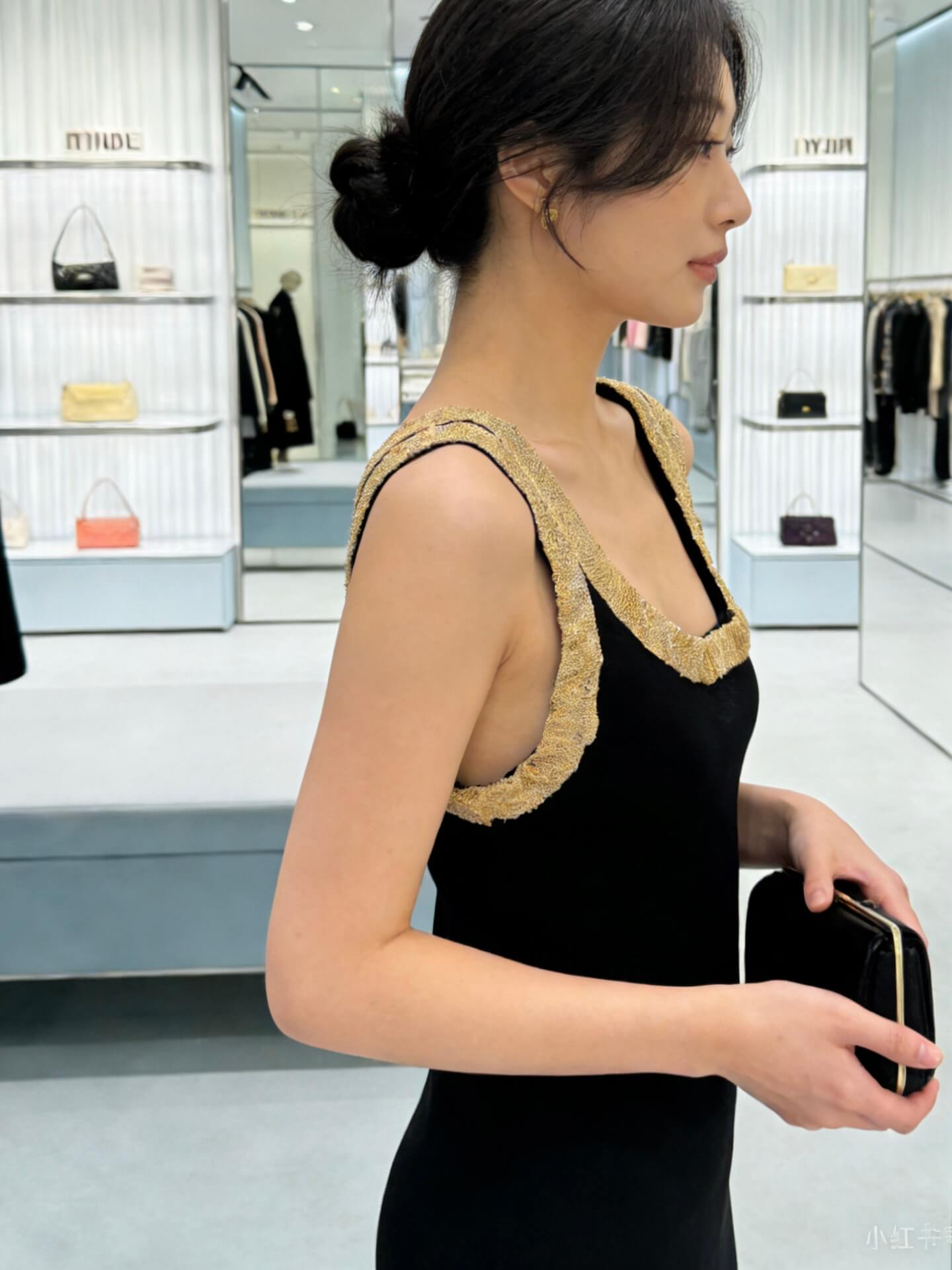 Miu Miu Gold Metallic Trimmed Ribbed Knit Tank Midi Dress.