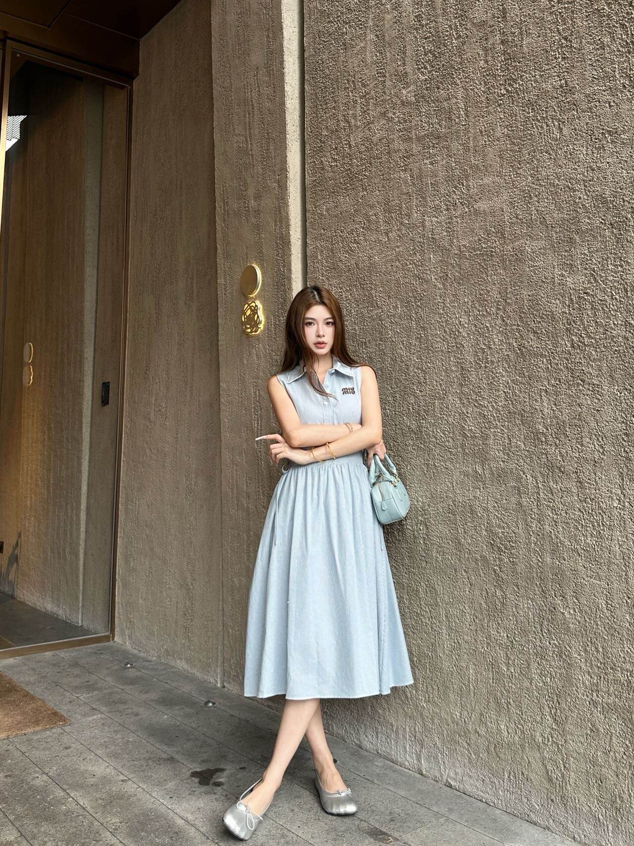 Miu Miu Sleeveless Embroidered Collar Poplin Midi Dress. - Image 11