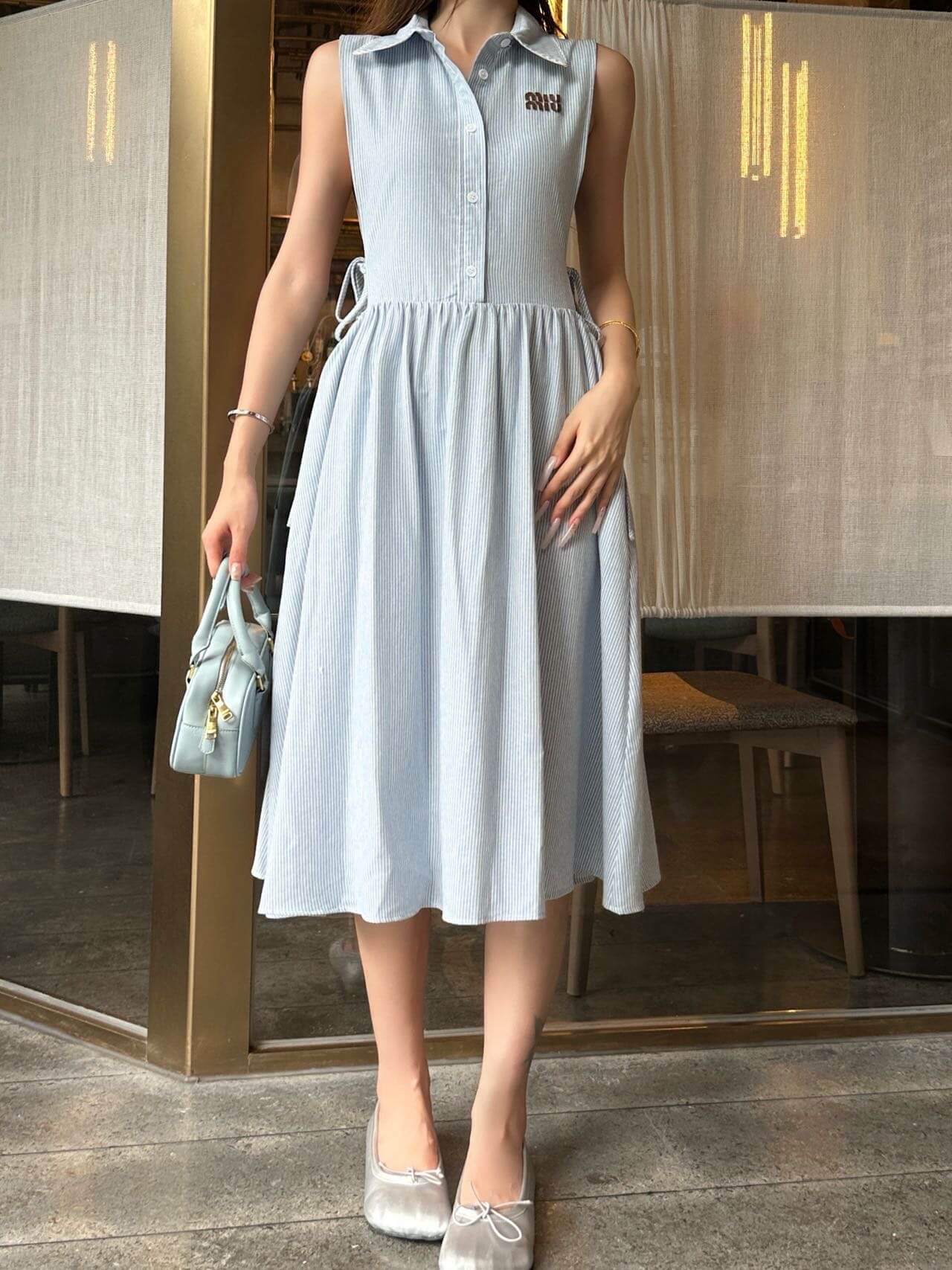 Miu Miu Sleeveless Embroidered Collar Poplin Midi Dress. - Image 12