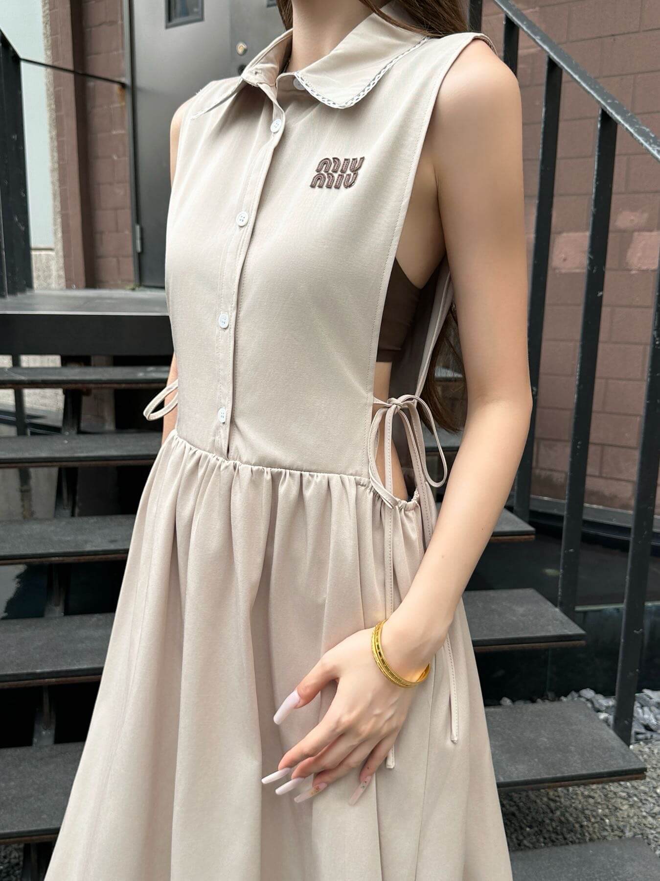 Miu Miu Sleeveless Embroidered Collar Poplin Midi Dress.