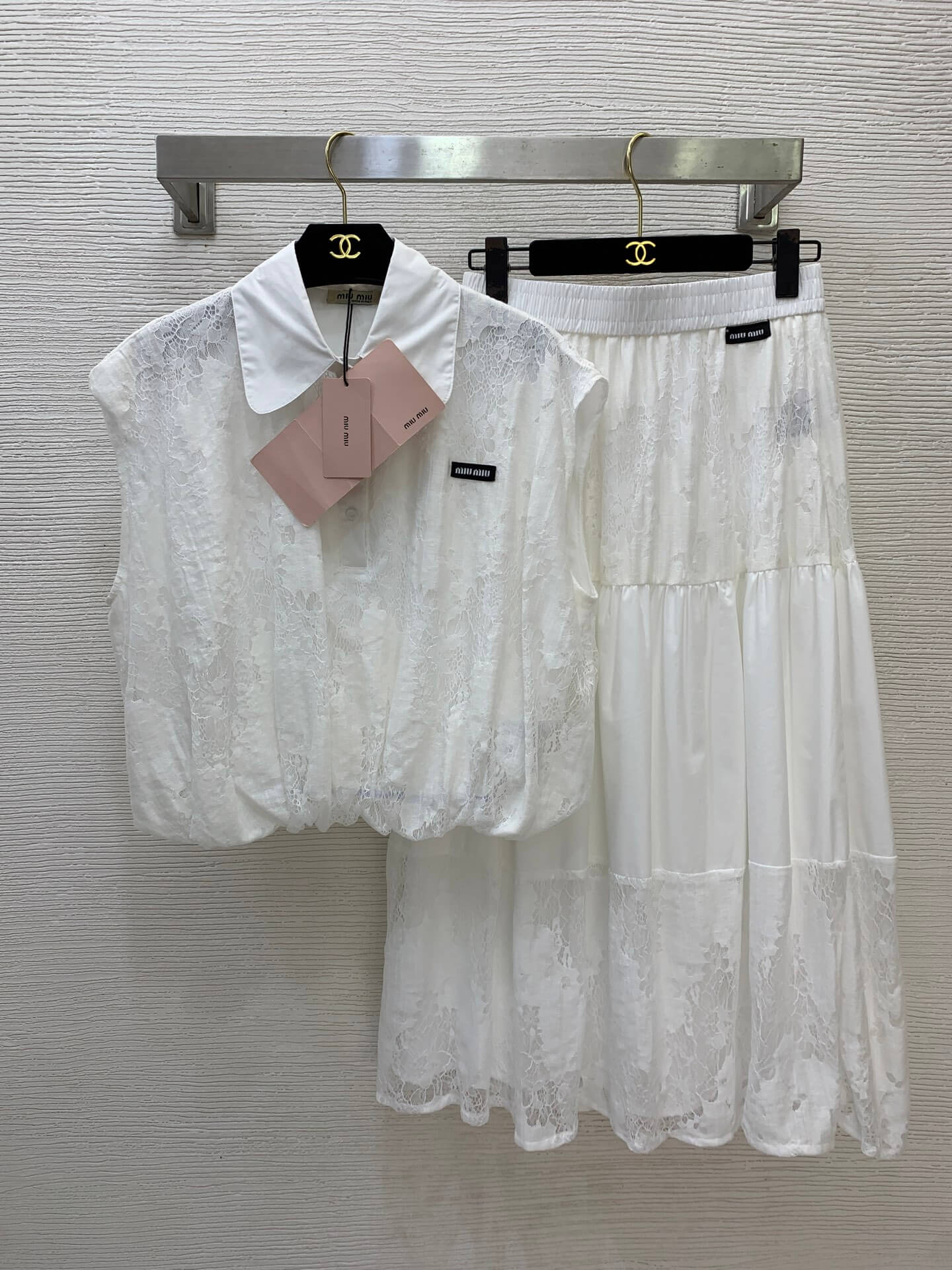 Miu Miu Sleeveless Lace Polo Shirt & Tiered Midi Skirt Two-Piece Set