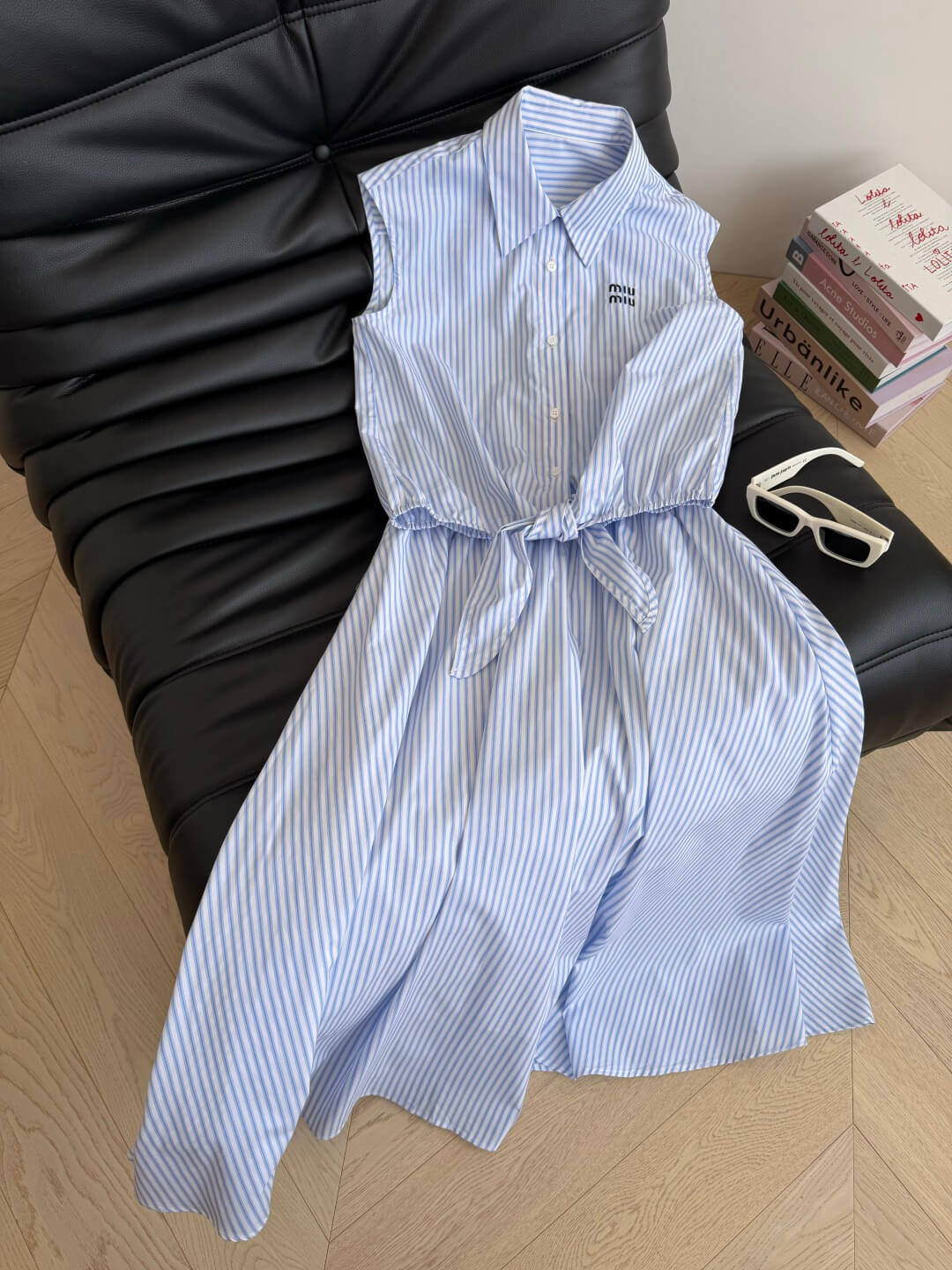 Miu Miu Striped Cotton Front-Tie Sleeveless Top and Midi Skirt Two-Piece Set - Image 3