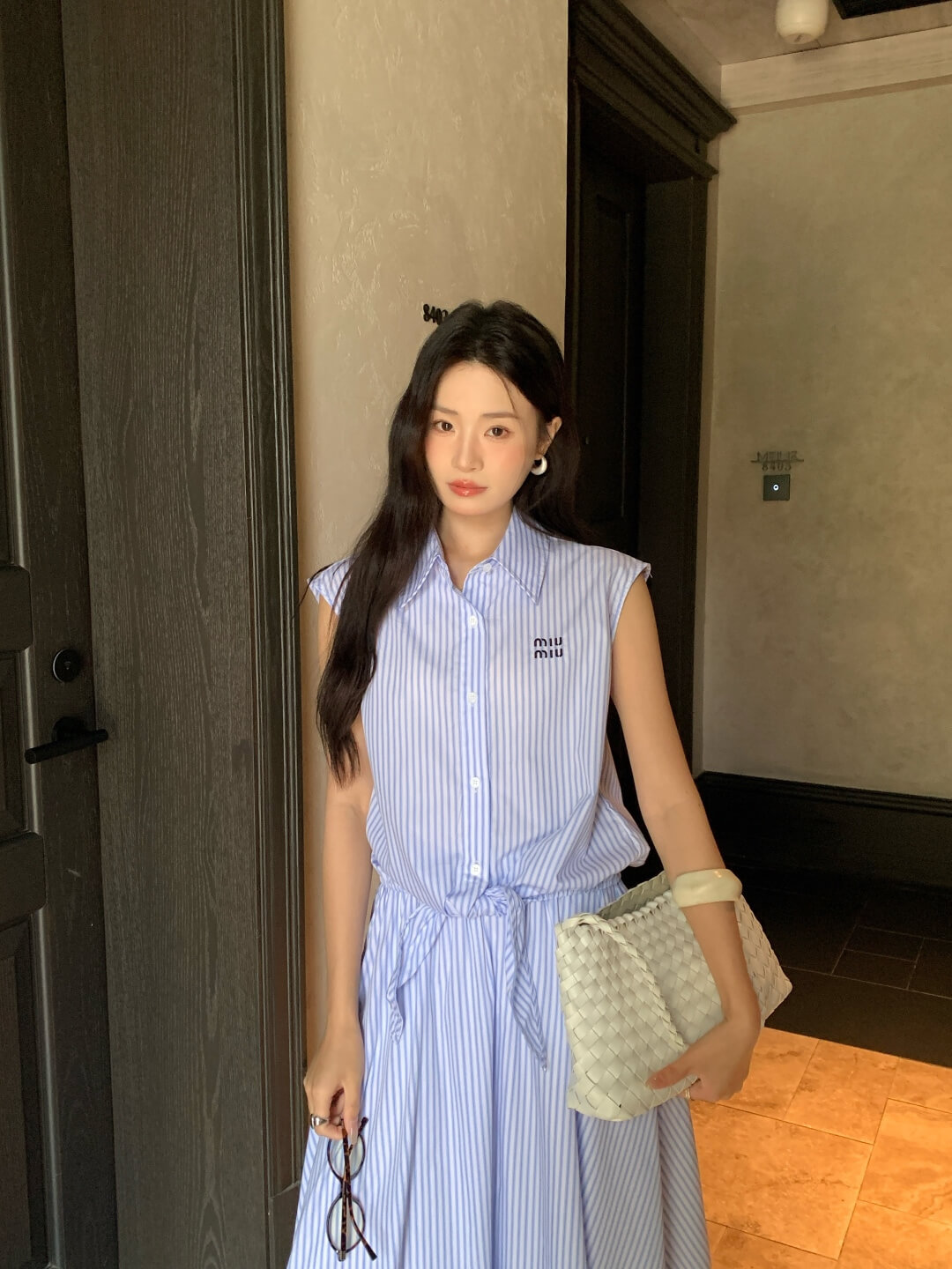 Miu Miu Striped Cotton Front-Tie Sleeveless Top and Midi Skirt Two-Piece Set - Image 8