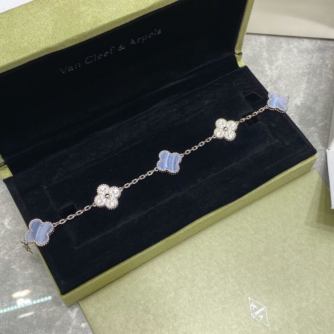 Van Cleef & Arpels Vintage Alhambra 5 Motif Bracelet – Blue Chalcedony & Diamond Style