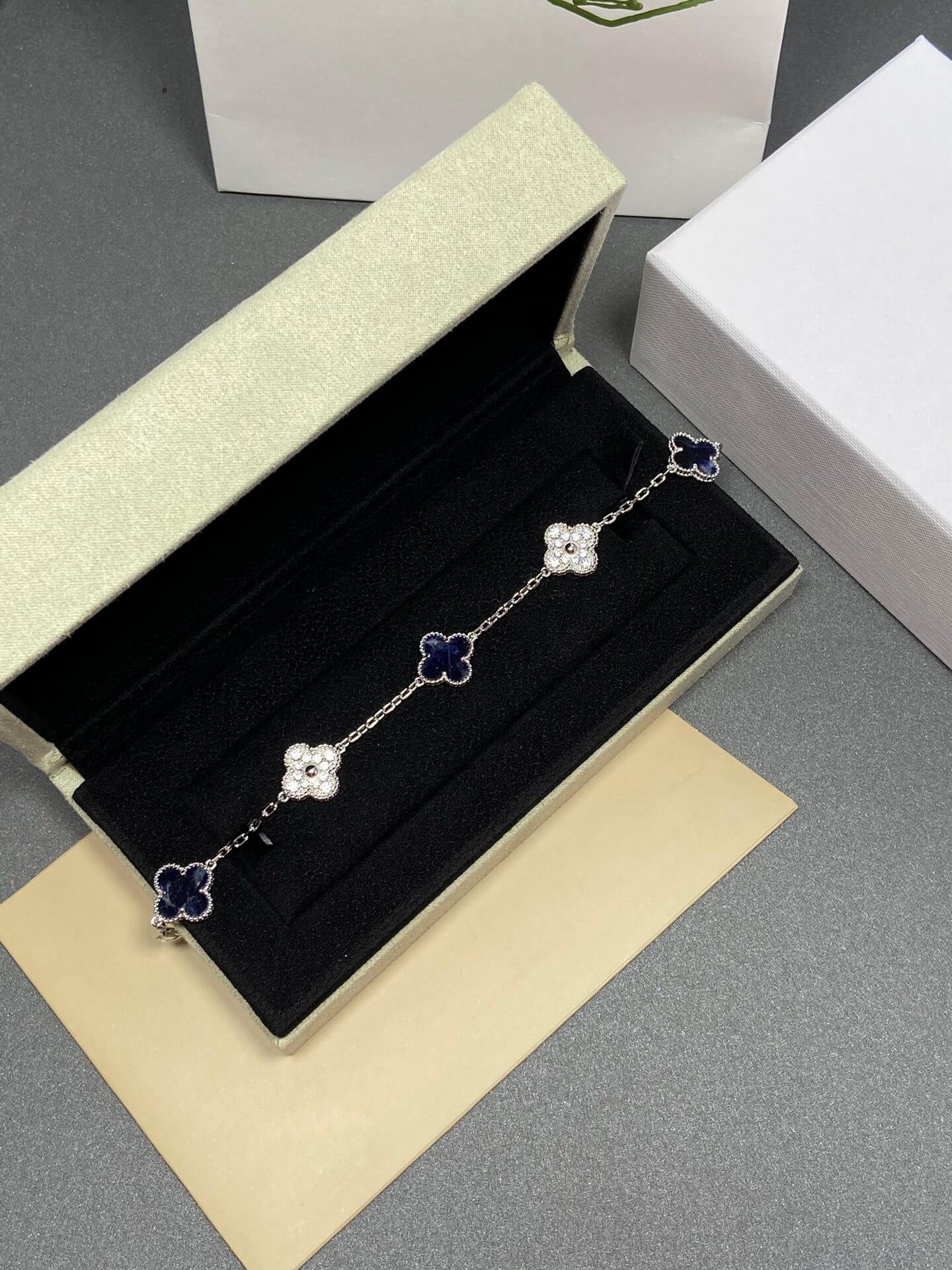 Van Cleef & Arpels Vintage Alhambra 5 Motif Bracelet – Blue Pietersite & Diamond Style