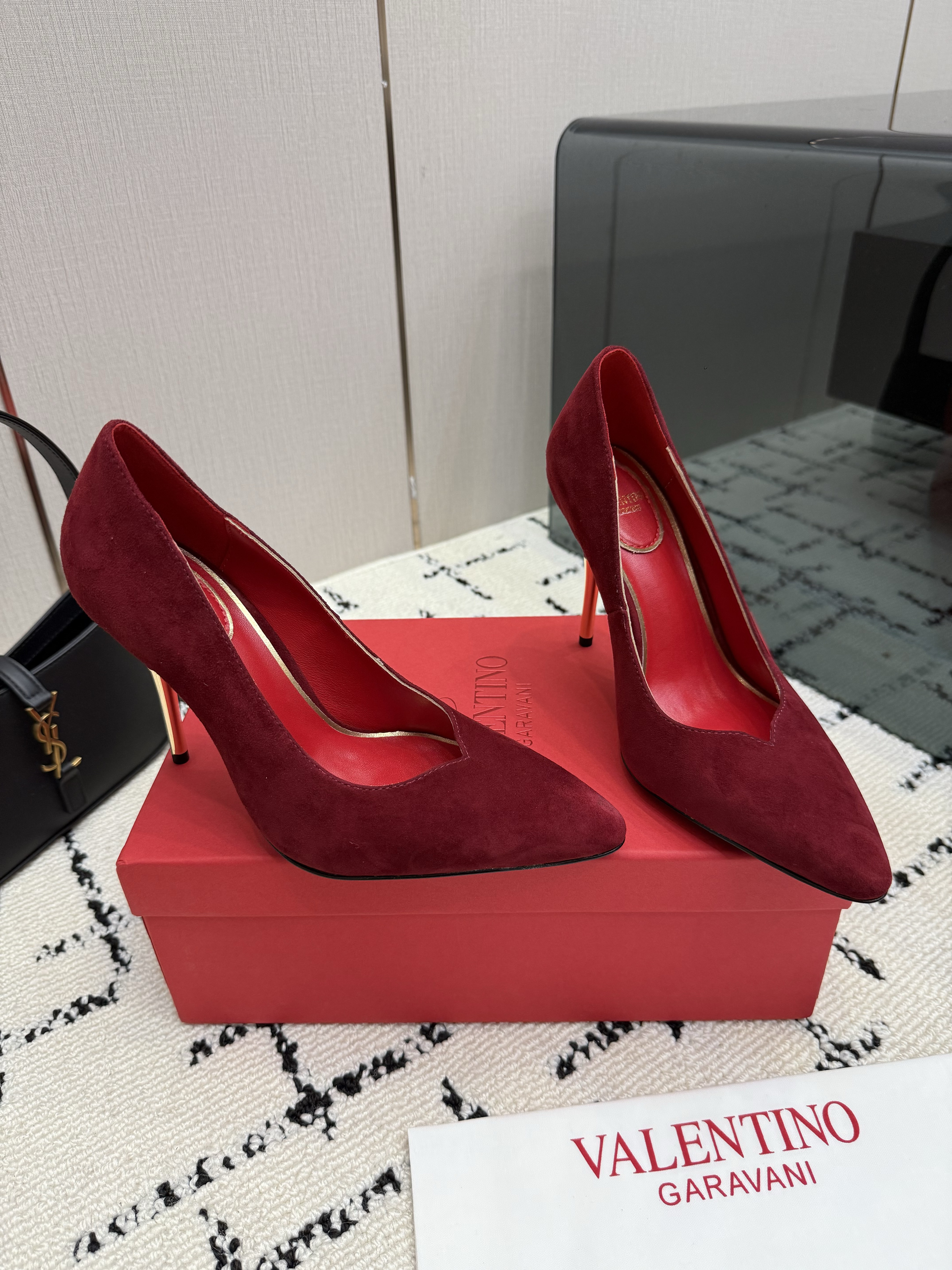Valentino Garavani Burgundy Suede Plunge-Vamp Pumps
