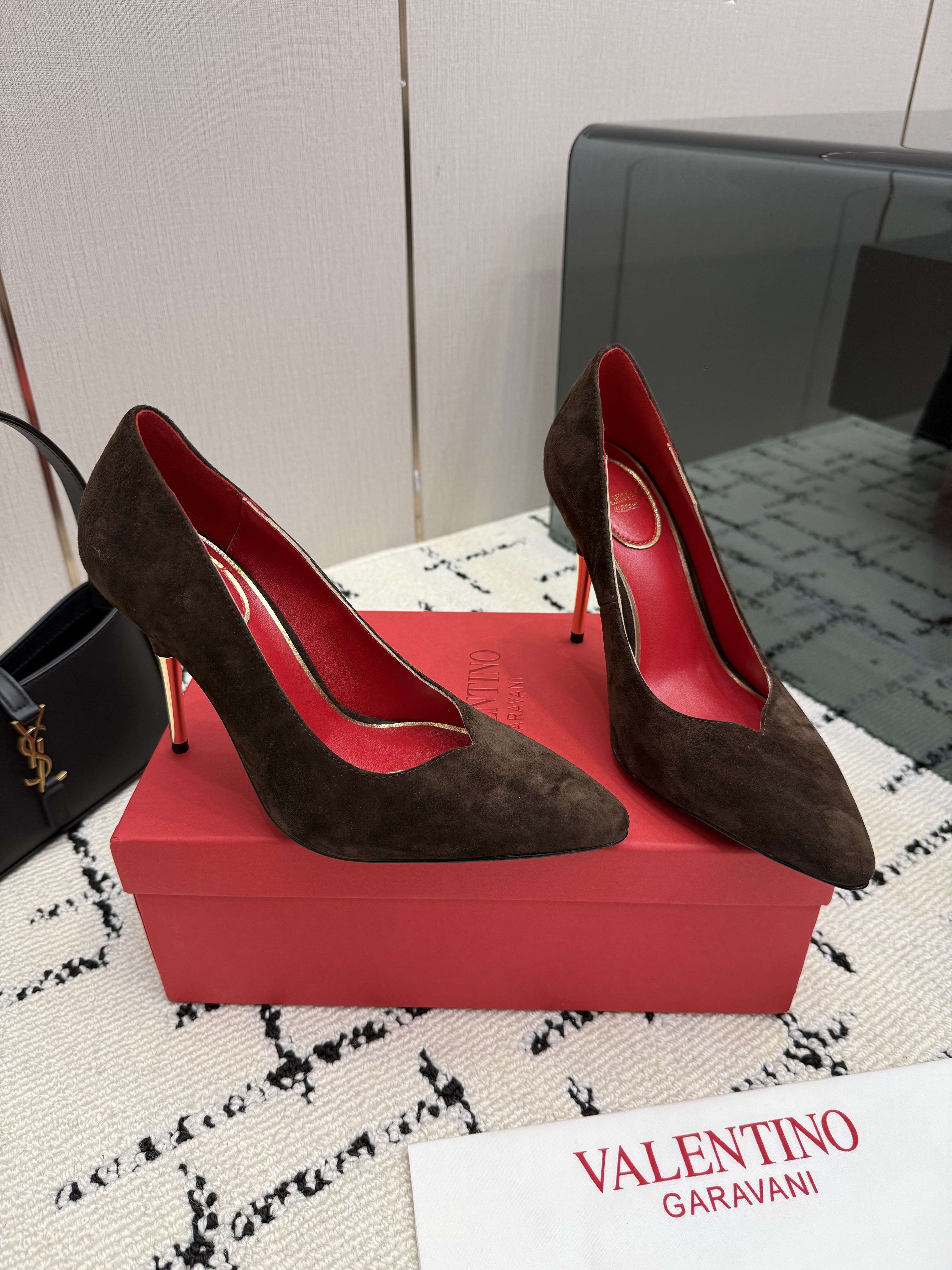 Valentino Garavani Dark Brown Suede Plunge-Vamp Pumps