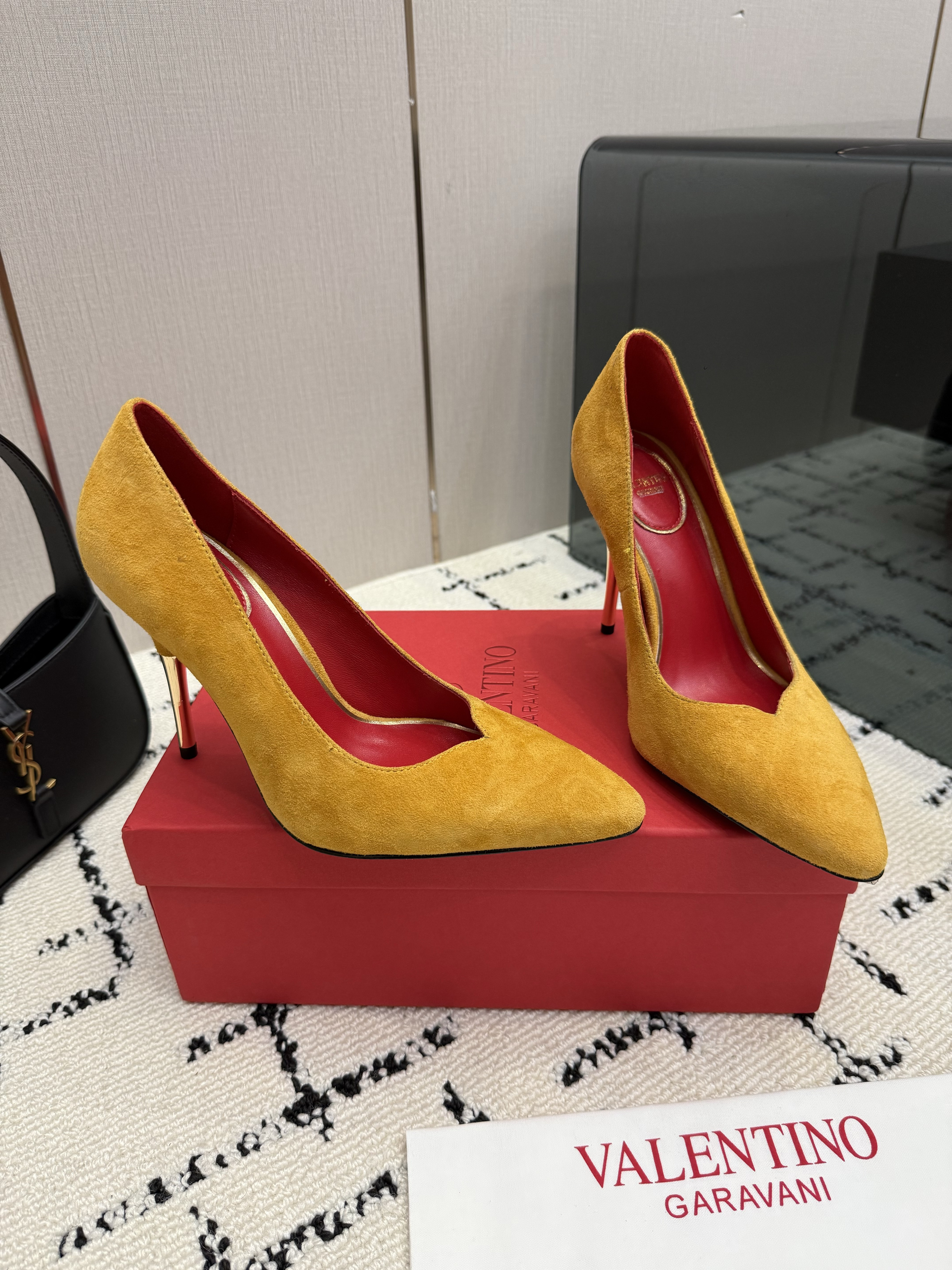 Valentino Garavani Mustard Suede Metallic-Heel Pumps
