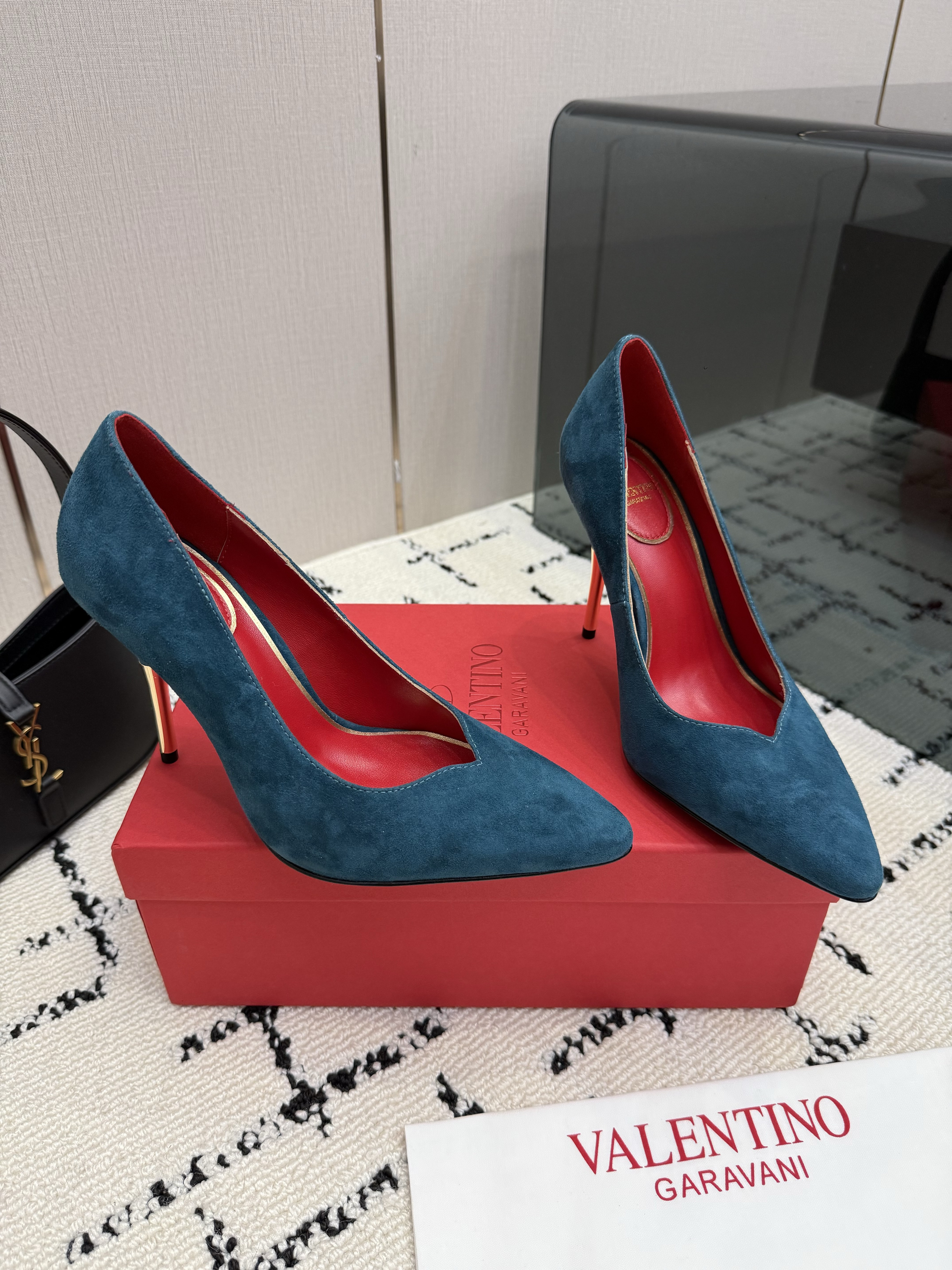 Valentino Garavani Teal Suede Metallic-Heel Pumps