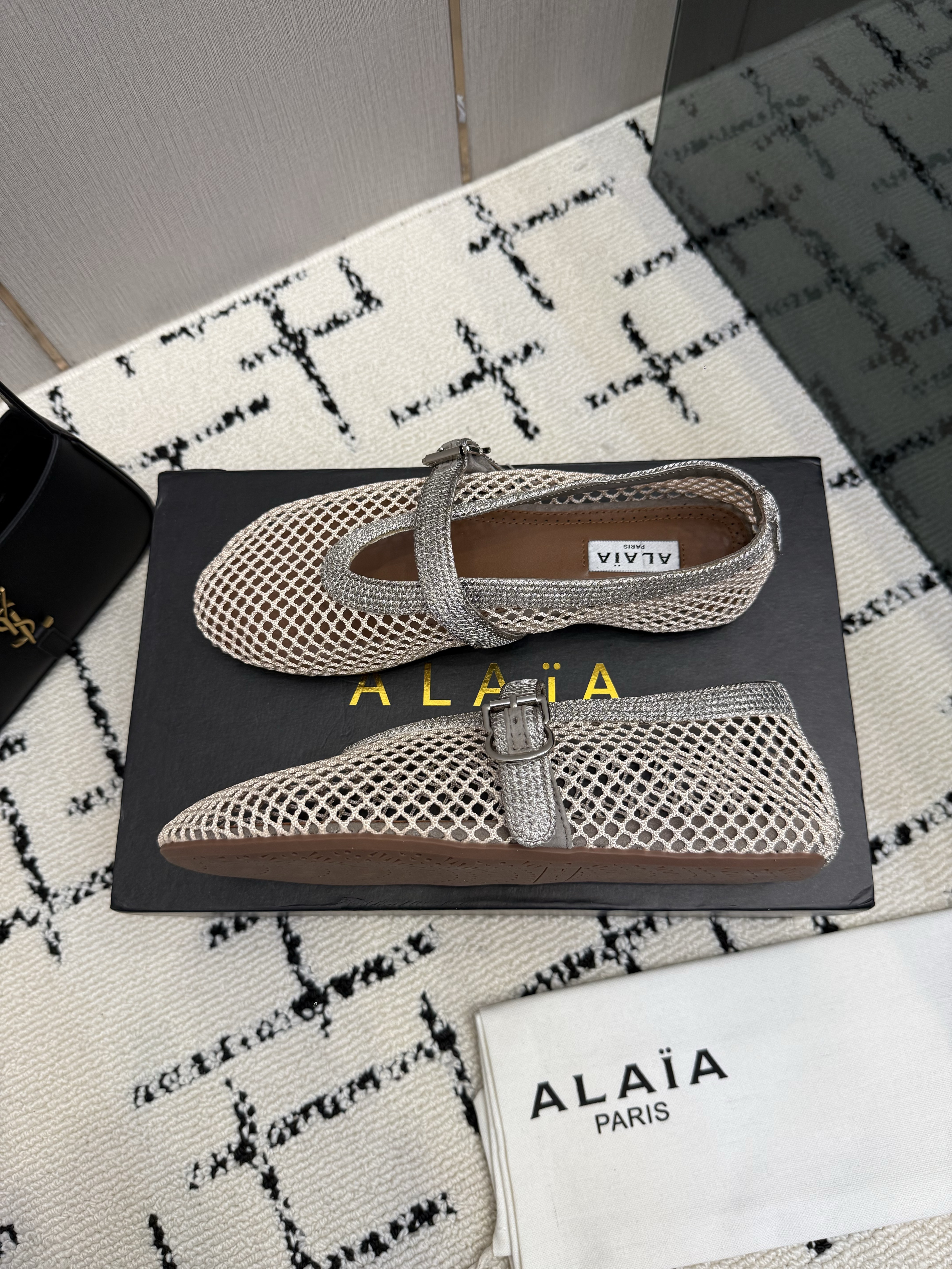 Alaïa Champagne Silver Fishnet Mary Jane Ballet Flats