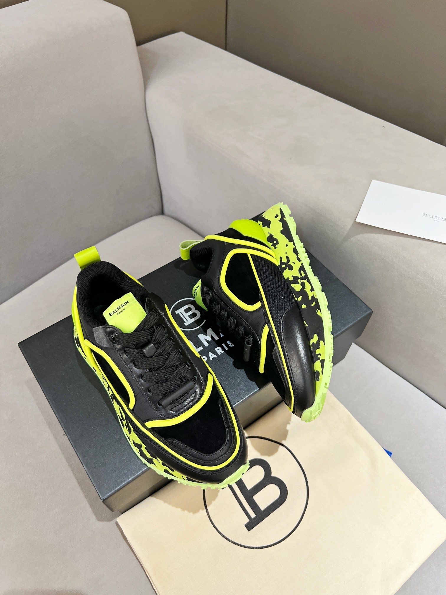 Balmain B-East Black and Neon Lime Platform Sneakers