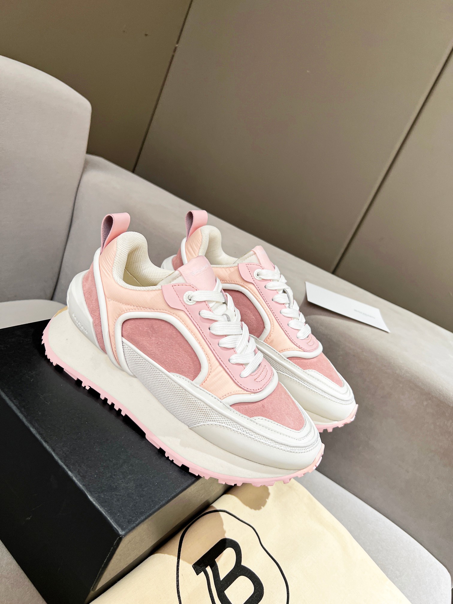 Balmain B-East Pink & Ivory Suede Platform Sneakers