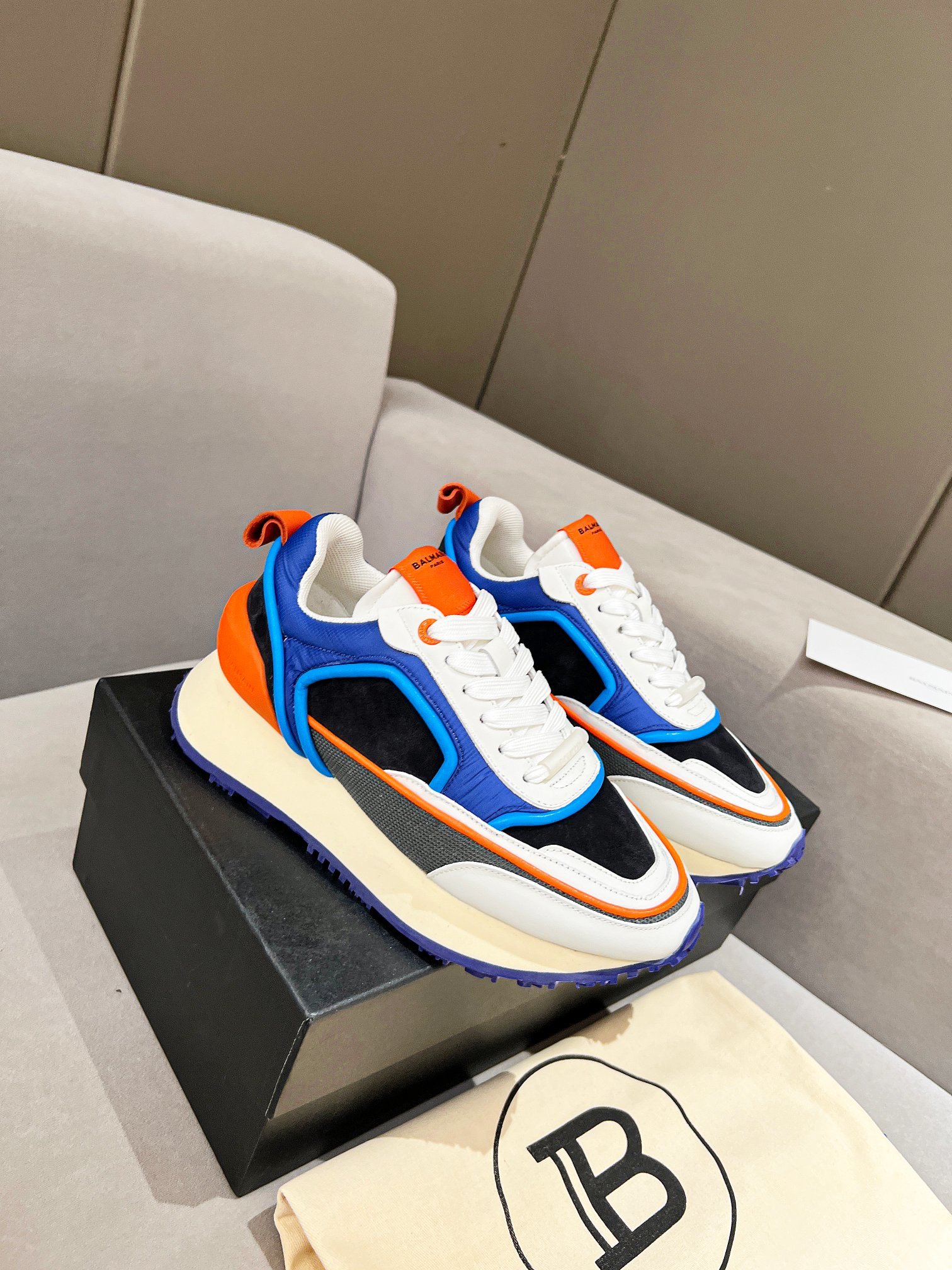Balmain B-East Blue, Orange and White Platform Sneakers