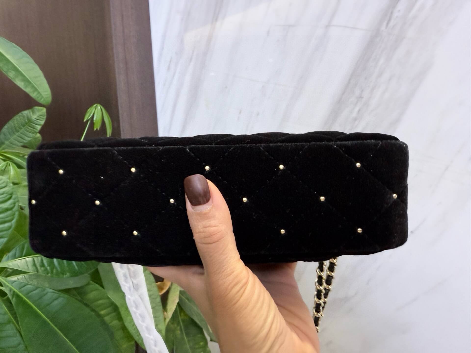 Chanel Quilted Black Velvet Studded Mini Clutch Chain Bag. - Image 6