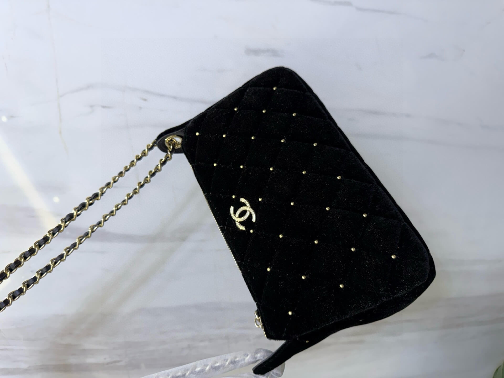 Chanel Quilted Black Velvet Studded Mini Clutch Chain Bag. - Image 7